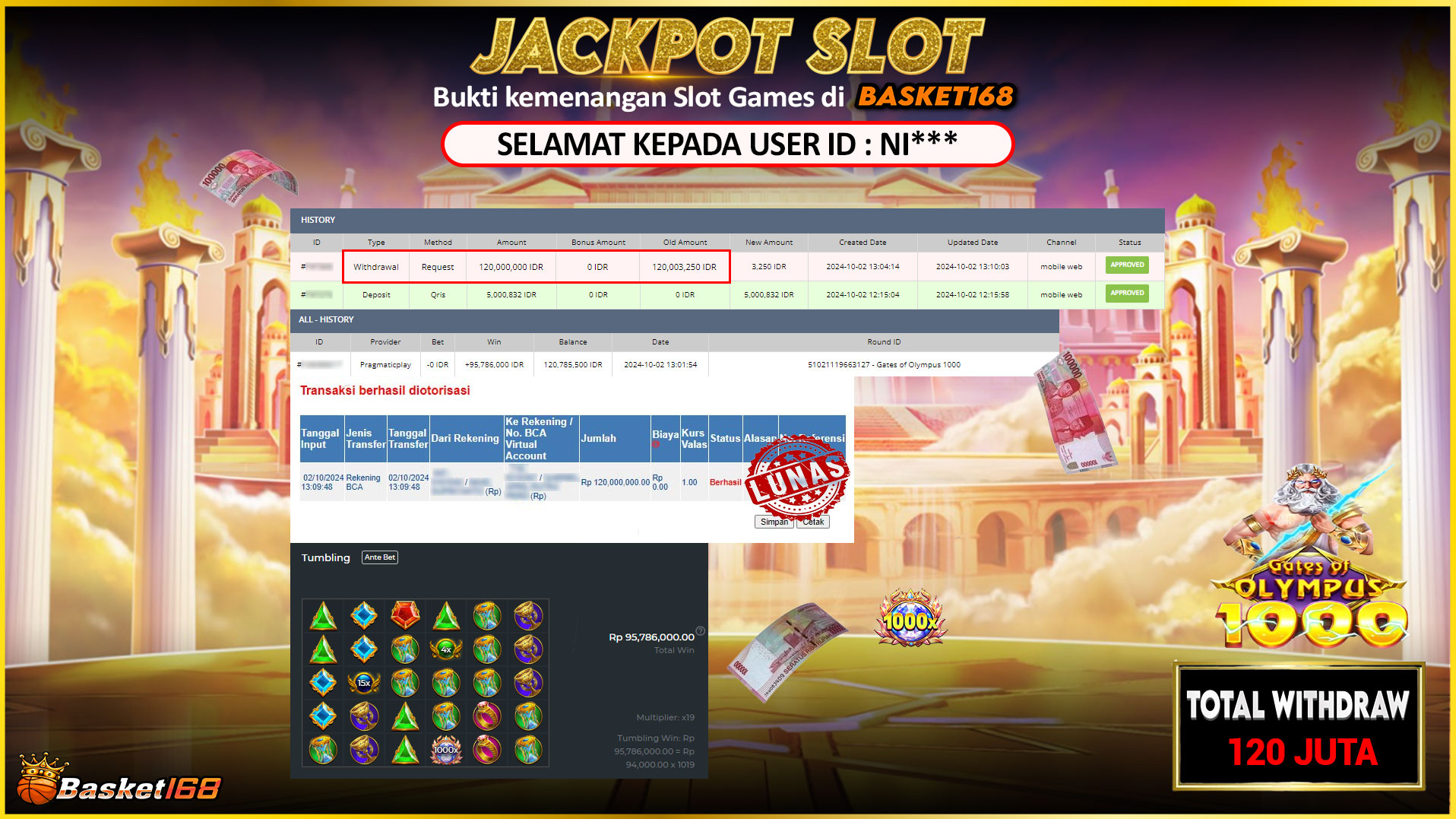 BASKET168 JACKPOT SLOT GATES OF OLYMPUS 1000 Rp.120.000.000,- LUNAS