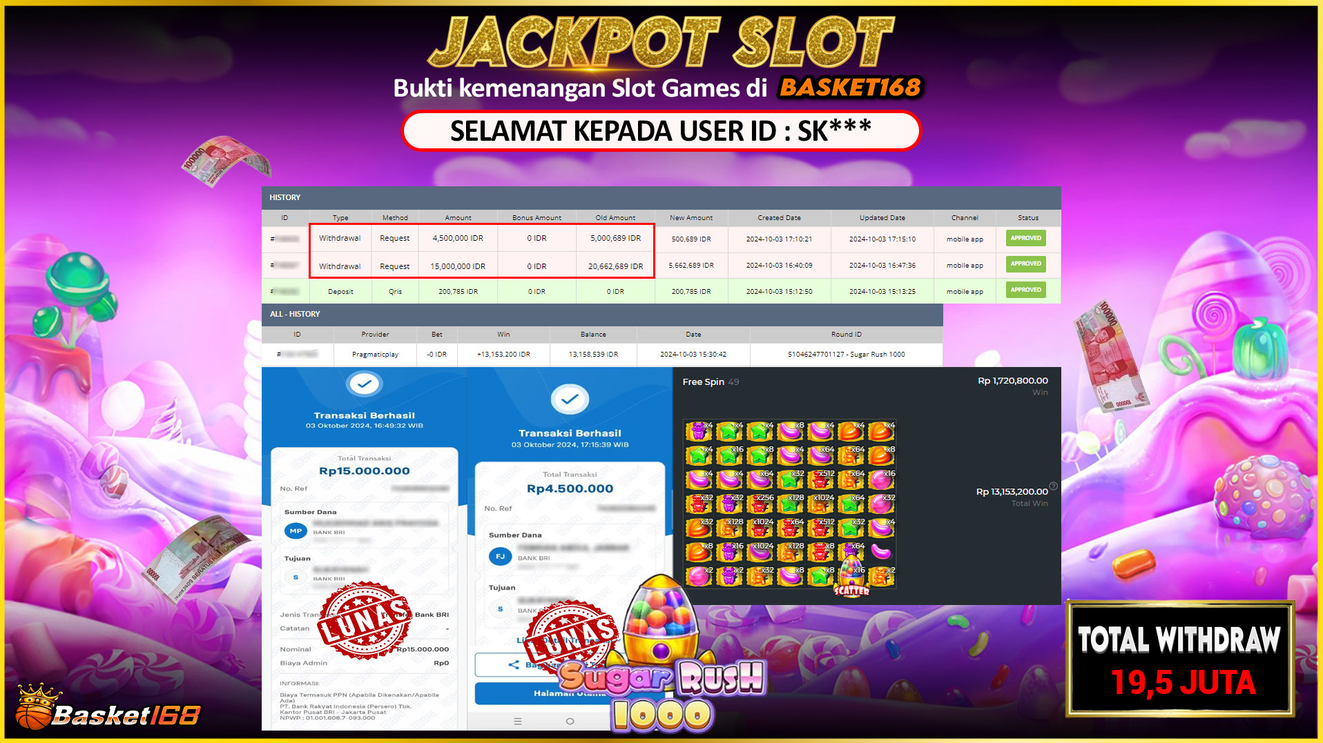 BASKET168 JACKPOT SLOT SUGAR RUSH 1000 Rp.19.500.000,- LUNAS