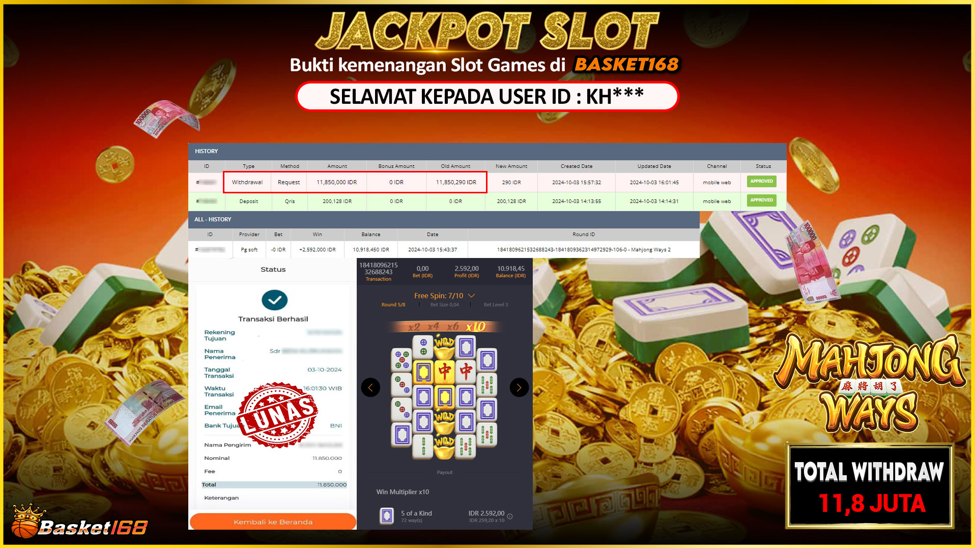 BASKET168 JACKPOT SLOT MAHJONG WAYS Rp.11.850.000,- LUNAS