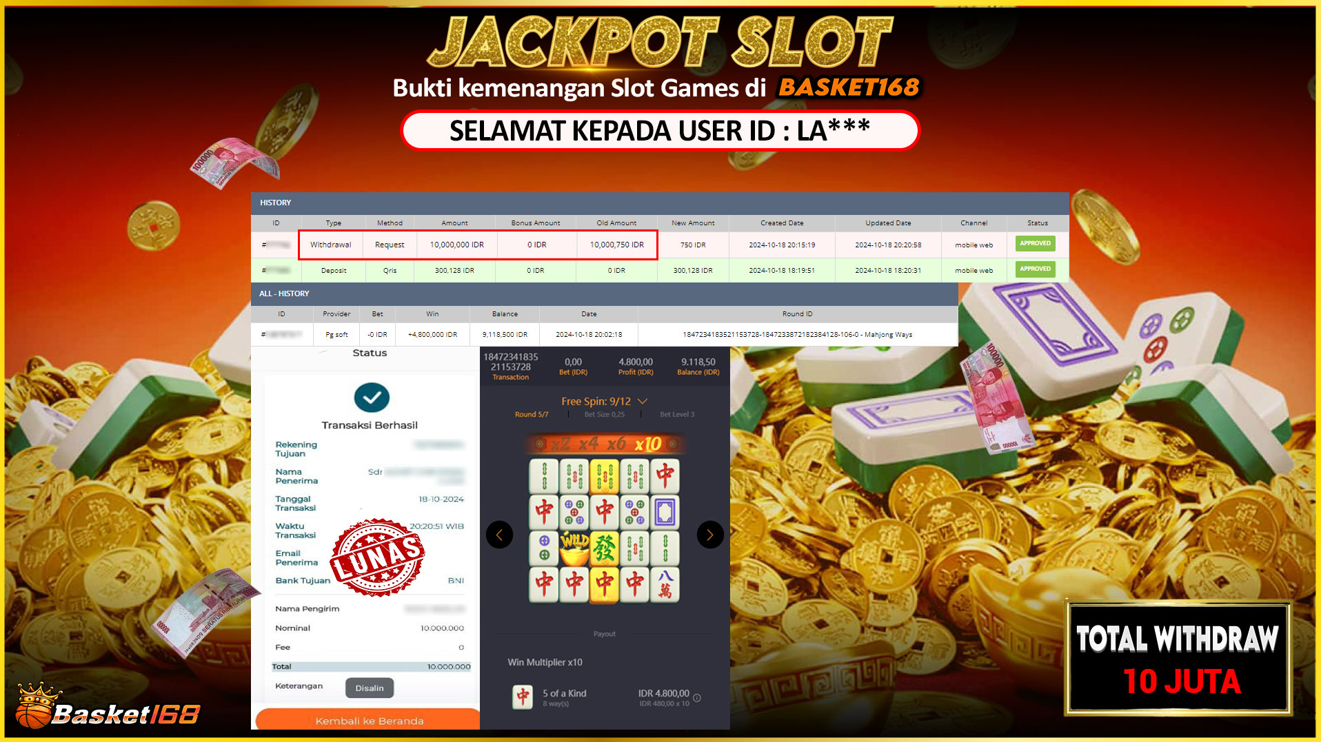 BASKET168 JACKPOT SLOT MAHJONG WAYS Rp.10.000.000,- LUNAS