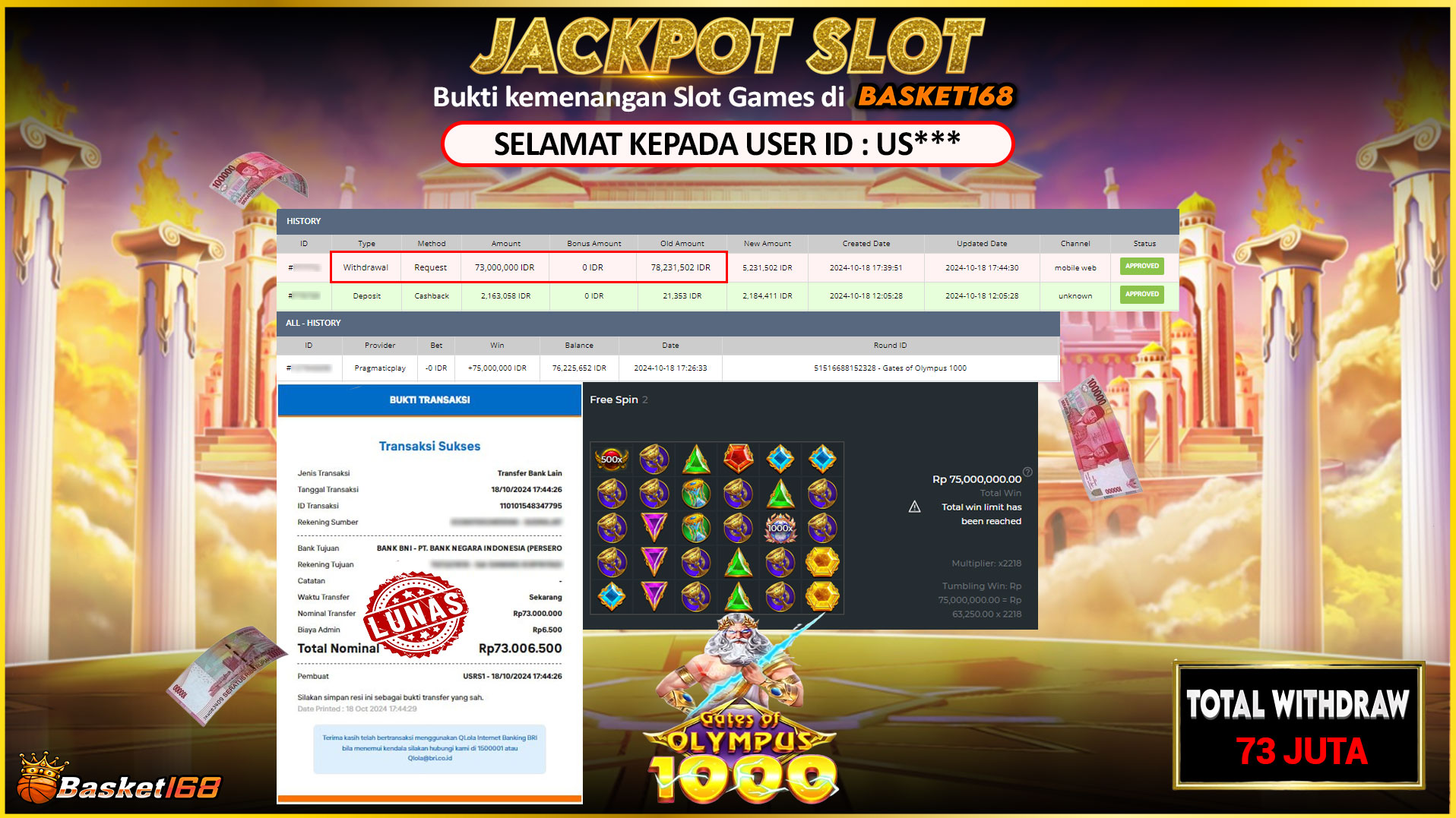 BASKET168 JACKPOT SLOT GATES OF OLYMPUS 1000 Rp.73.000.000,- LUNAS