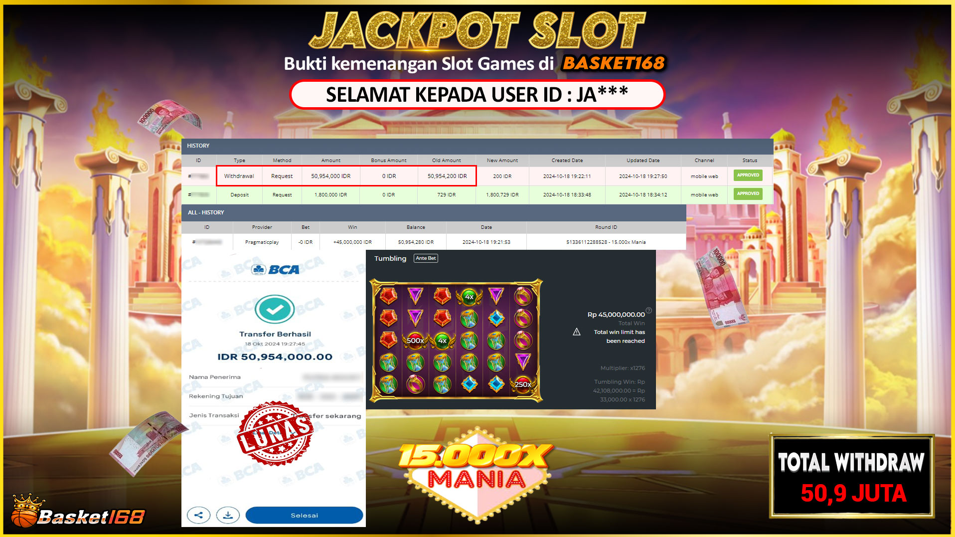 BASKET168 JACKPOT SLOT 15.000X MANIA Rp.50.954.000,- LUNAS