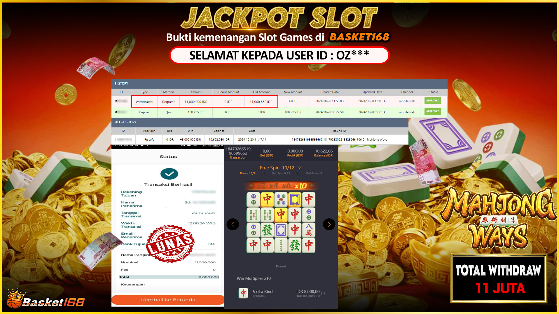 BASKET168 JACKPOT SLOT MAHJONG WAYS Rp.11.000.000,- LUNAS