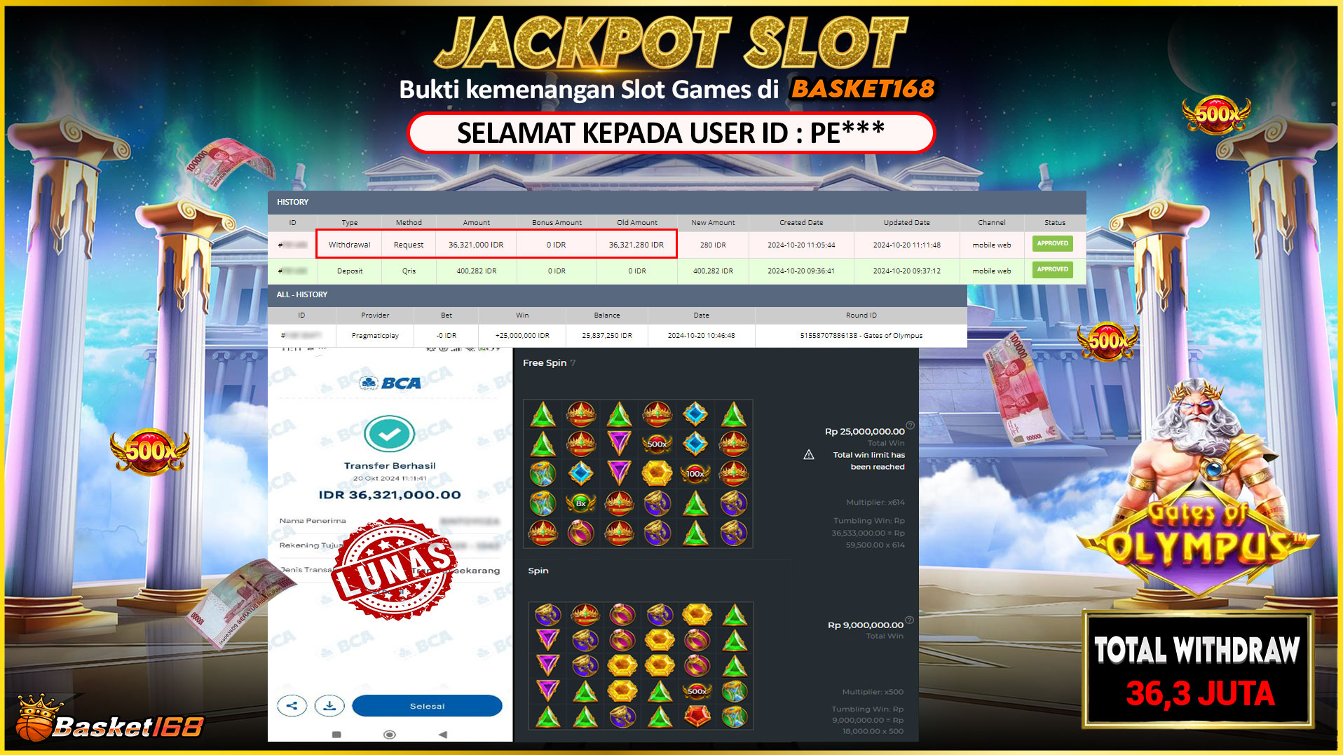 BASKET168 JACKPOT SLOT GATES OF OLYMPUS Rp.36.321.000,- LUNAS