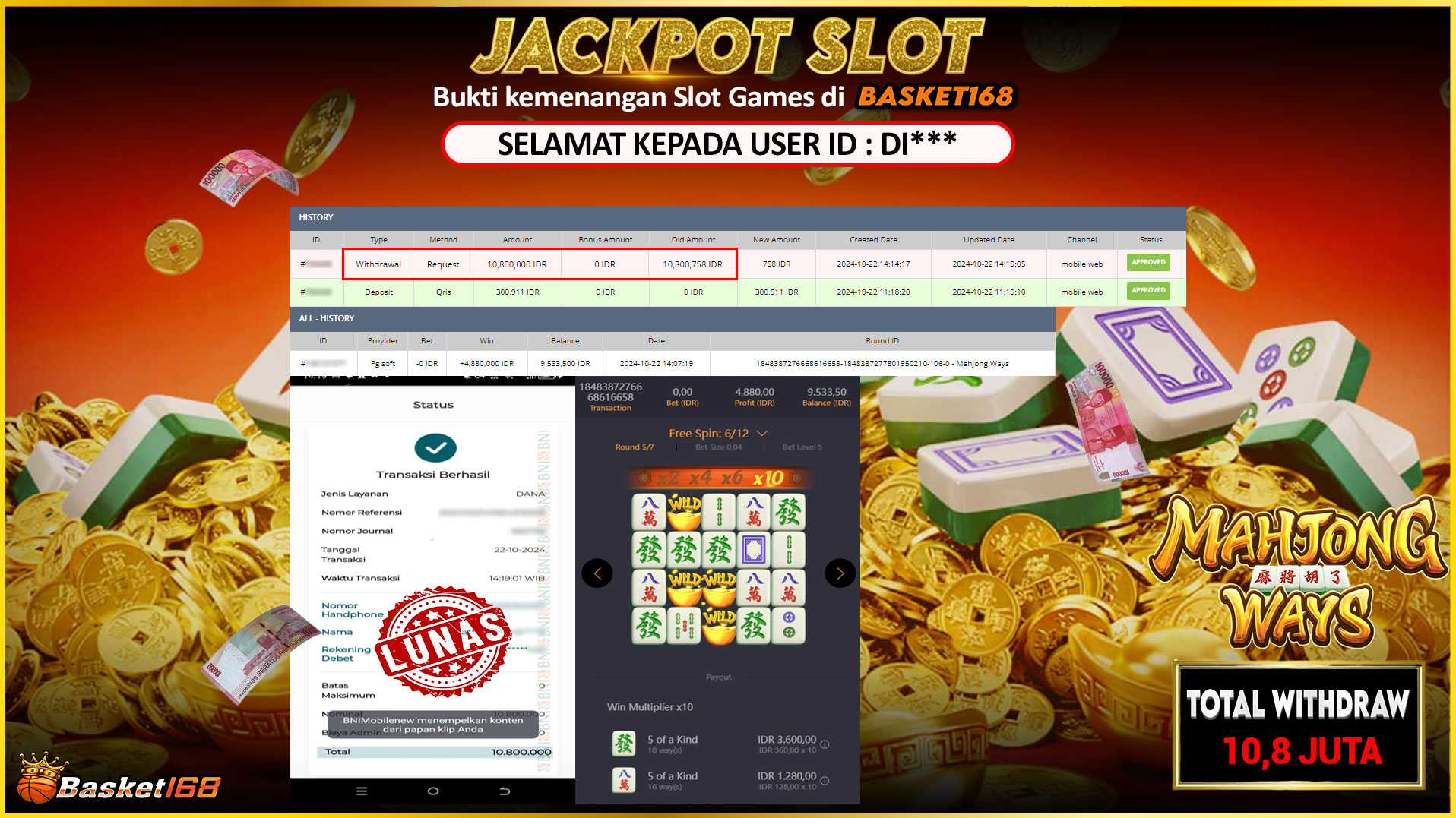 BASKET168 JACKPOT SLOT MAHJONG WAYS Rp.10.800.000,- LUNAS