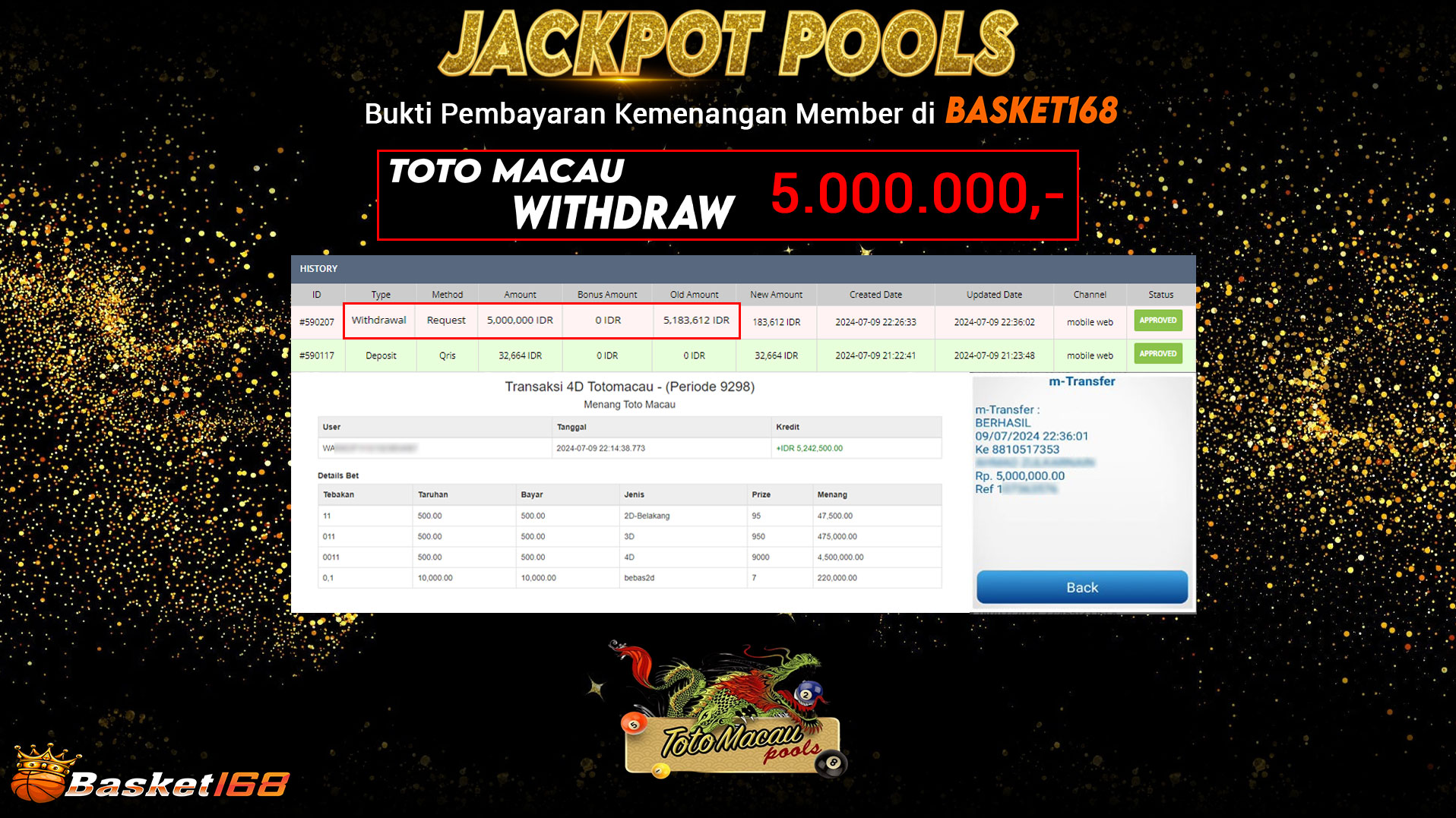 BASKET168 JACKPOT TOGEL POOL MACAU Rp.5.000.000.,- LUNAS