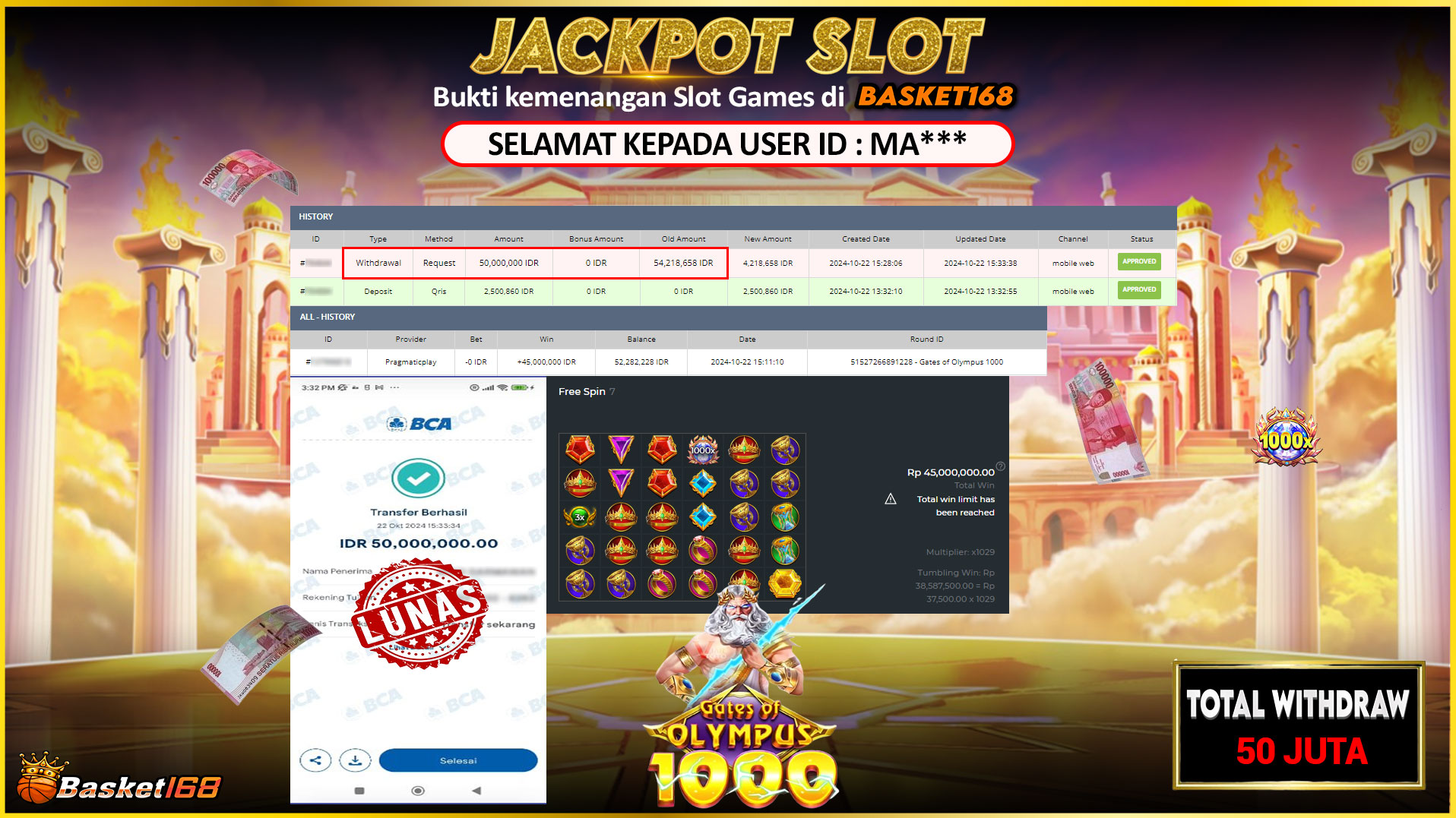 BASKET168 JACKPOT SLOT GATES OF OLYMPUS 1000 Rp.50.000.000,- LUNAS