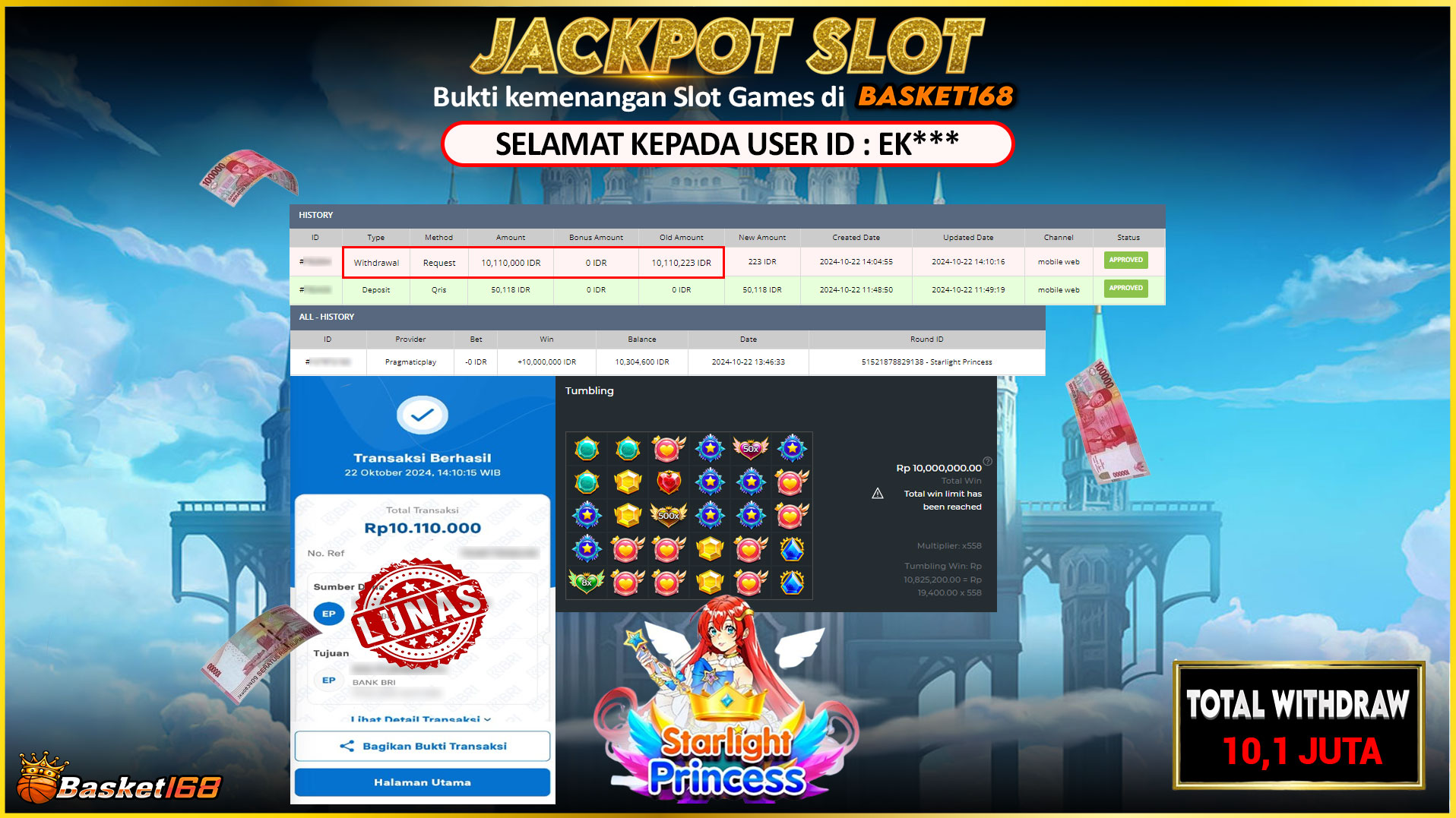 BASKET168 JACKPOT SLOT STARLIGHT PRINCESS Rp.10.110.000,- LUNAS