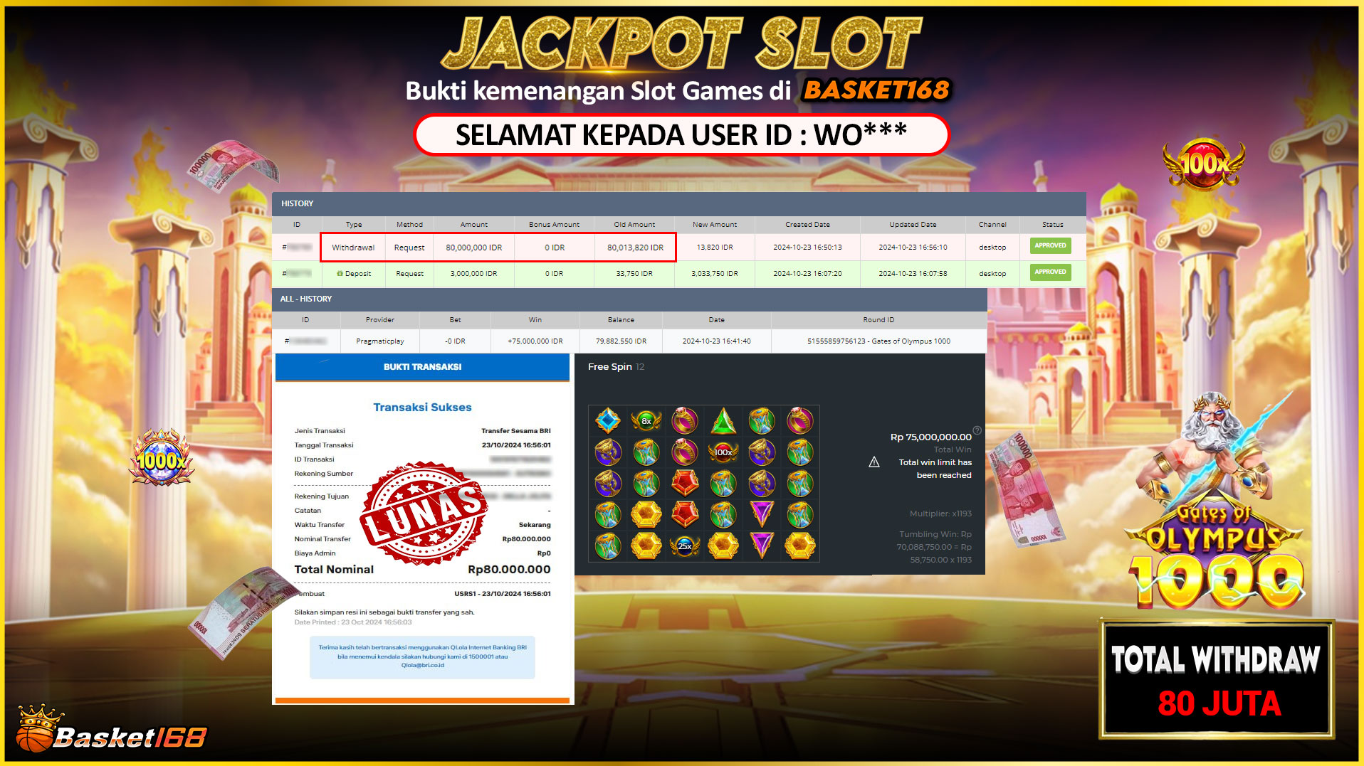 BASKET168 JACKPOT SLOT GATES OF OLYMPUS 1000 Rp.80.000.000,- LUNAS