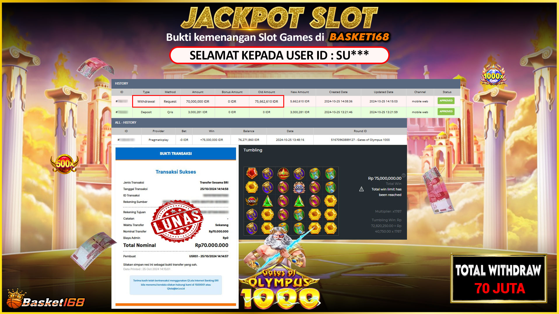BASKET168 JACKPOT SLOT GATES OF OLYMPUS 1000 Rp.70.000.000,- LUNAS