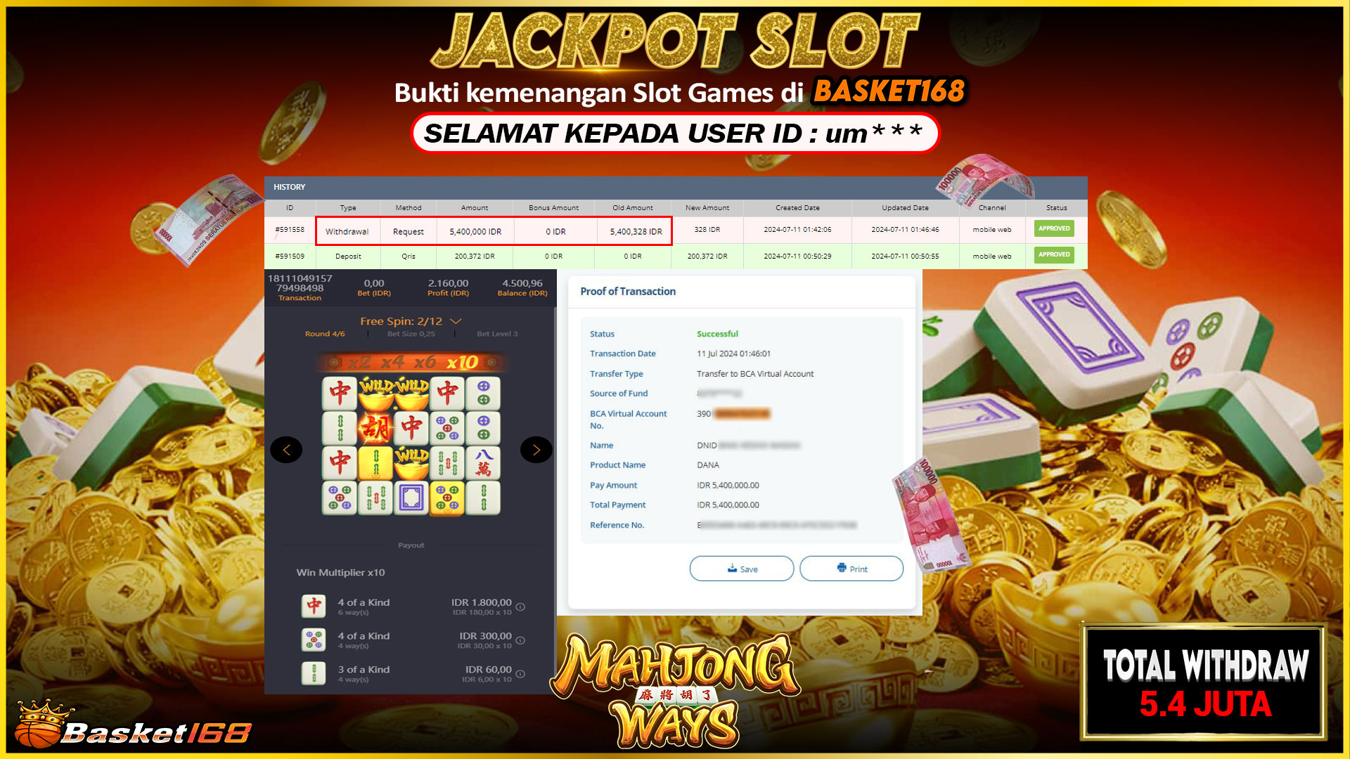 BASKET168 JACKPOT SLOT MAHJONG WAYS Rp.5.400.000.,- LUNAS
