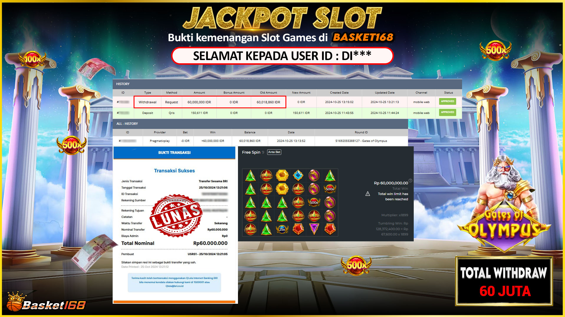 BASKET168 JACKPOT SLOT GATES OF OLYMPUS Rp.60.000.000,- LUNAS