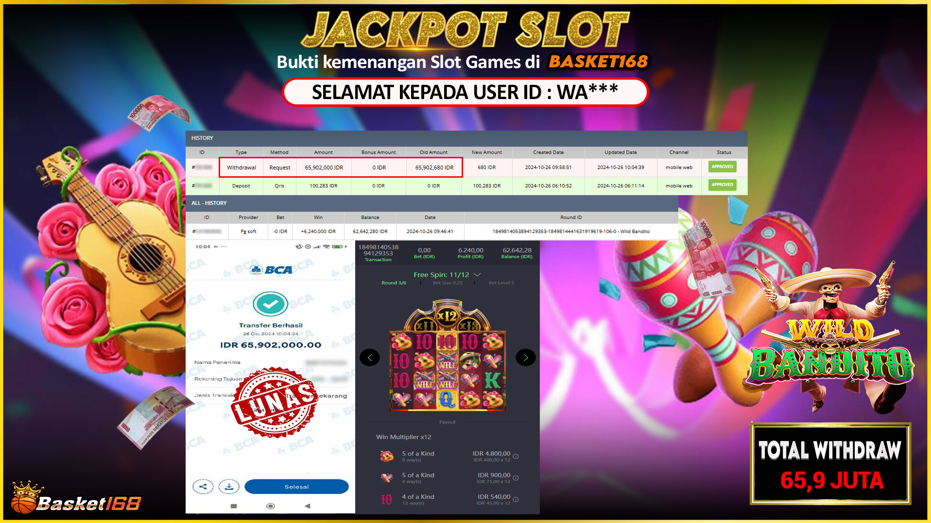 BASKET168 JACKPOT SLOT WILD BANDITO Rp.65.902.000,- LUNAS