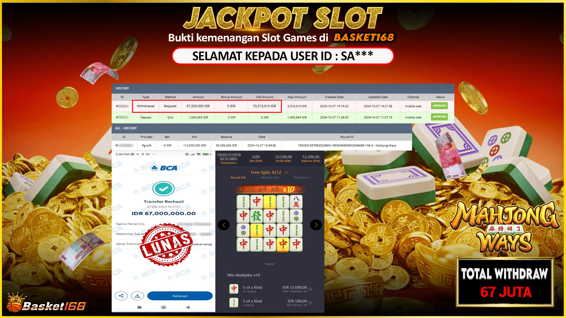 BASKET168 JACKPOT SLOT MAHJONG WAYS Rp.67.000.000,- LUNAS