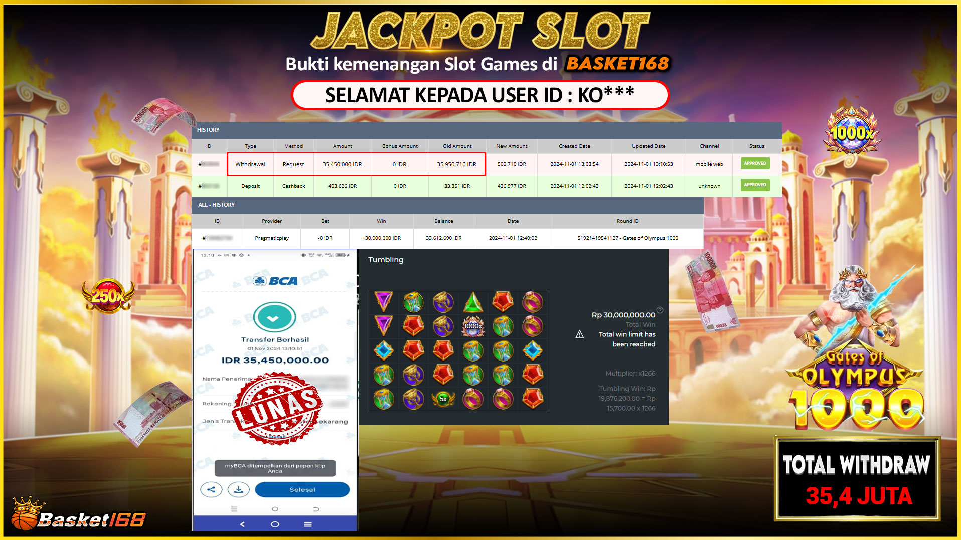 BASKET168 JACKPOT SLOT GATES OF OLYMPUS 1000 Rp.35.450.000,- LUNAS