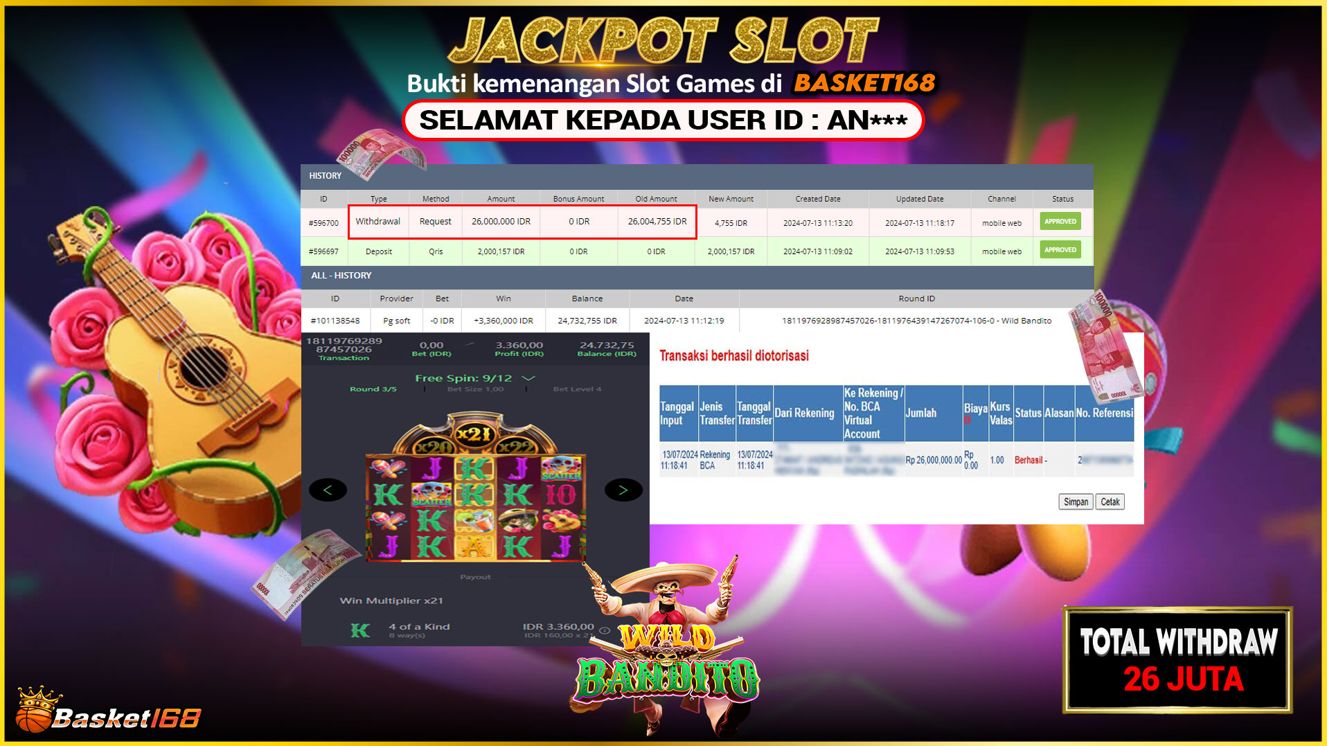 BASKET168 JACKPOT SLOT WILD BANDITO Rp.26.000.000.,- LUNAS