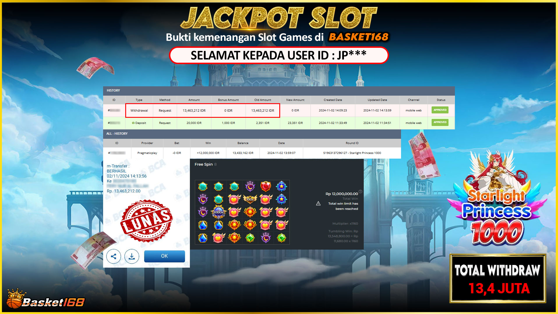 BASKET168 JACKPOT SLOT STARLIGHT PRINCESS 1000 Rp.13.463.212,- LUNAS