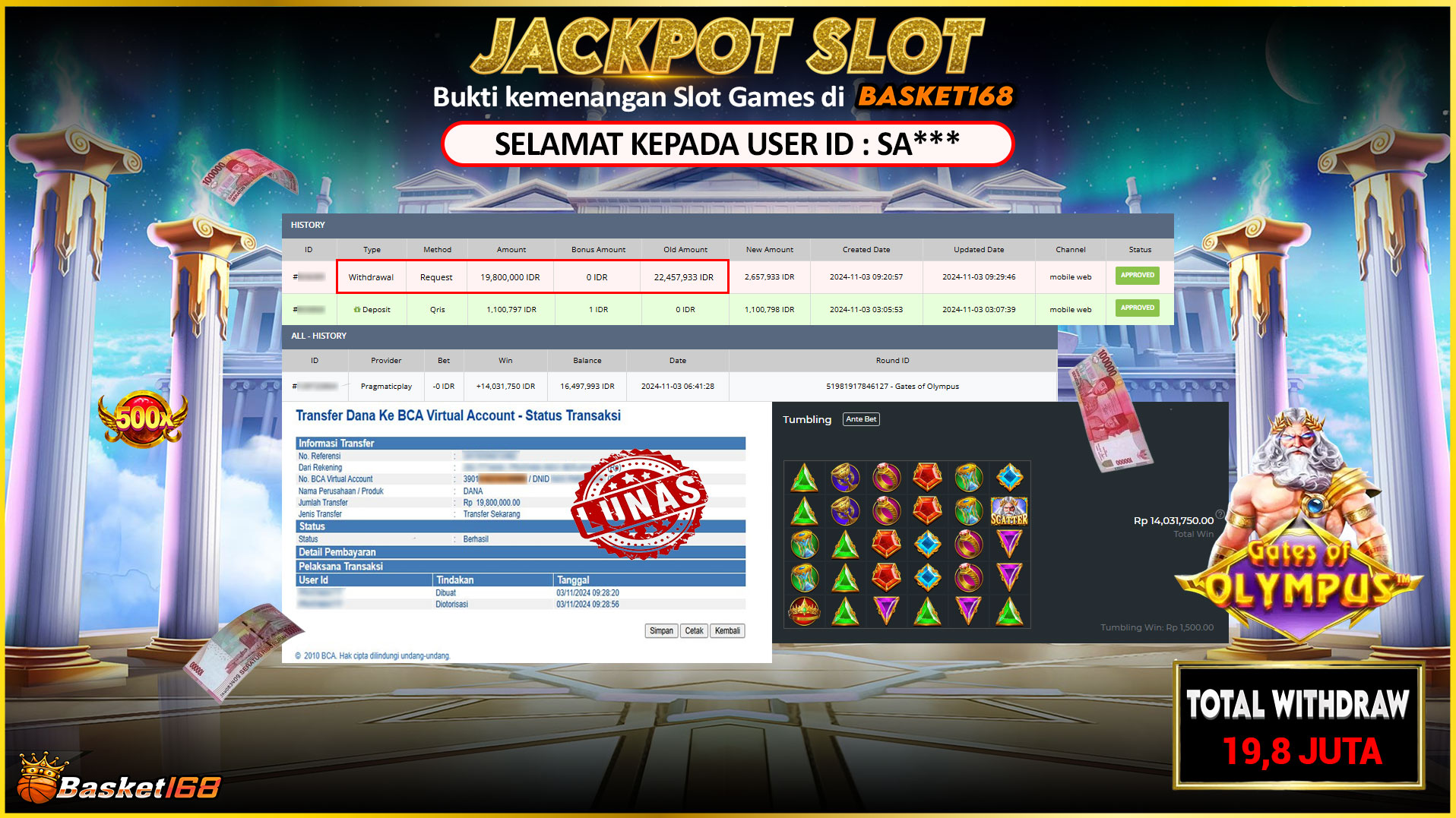 BASKET168 JACKPOT SLOT GATES OF OLYMPUS Rp.19.800.000,- LUNAS