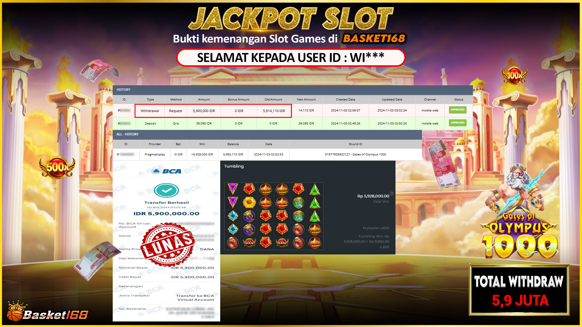 BASKET168 JACKPOT SLOT GATES OF OLYMPUS 1000 Rp.5.900.000,- LUNAS