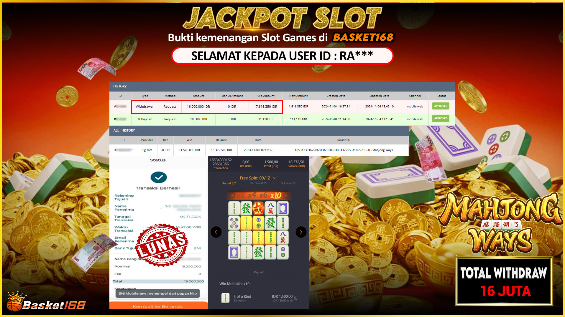 BASKET168 JACKPOT SLOT MAHJONG WAYS Rp.16.000.000,- LUNAS