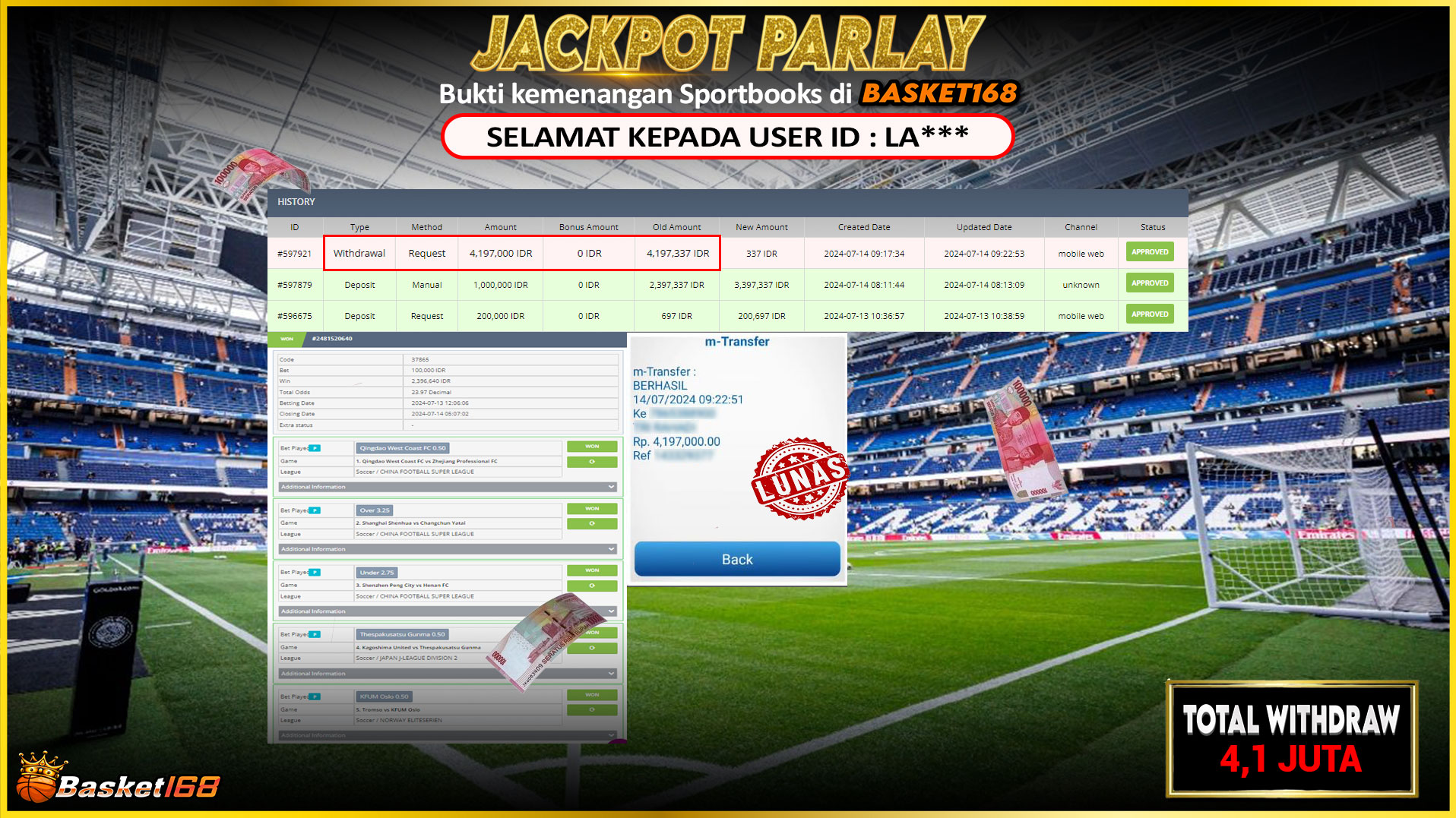 BASKET168 JACKPOT PARLAY BOLA Rp.4.100.000.,- LUNAS