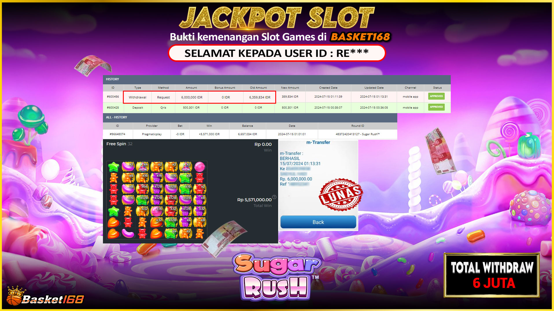 BASKET168 JACKPOT SLOT SUGAR RUSH Rp.6.000.000.,- LUNAS
