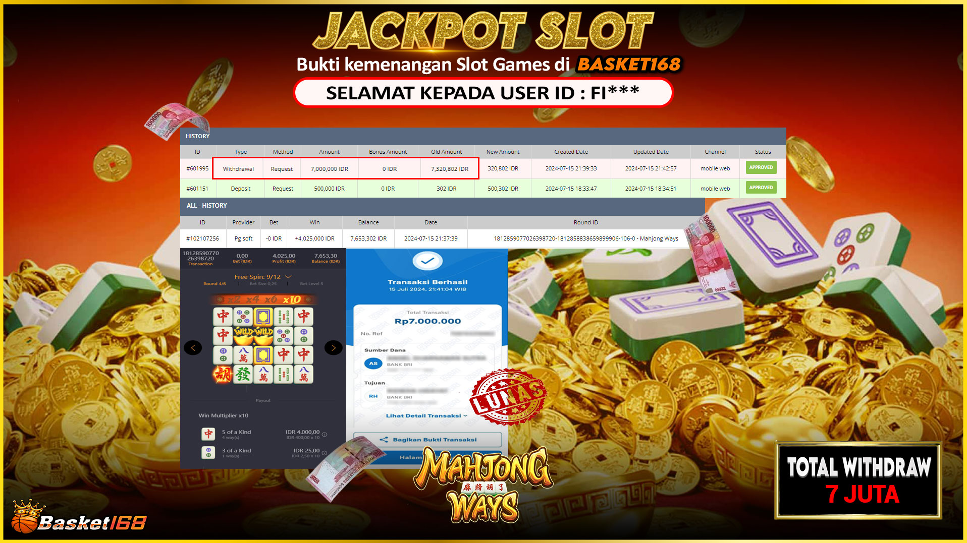 BASKET168 JACKPOT SLOT MAHJONG WAYS Rp.7.000.000.,- LUNAS