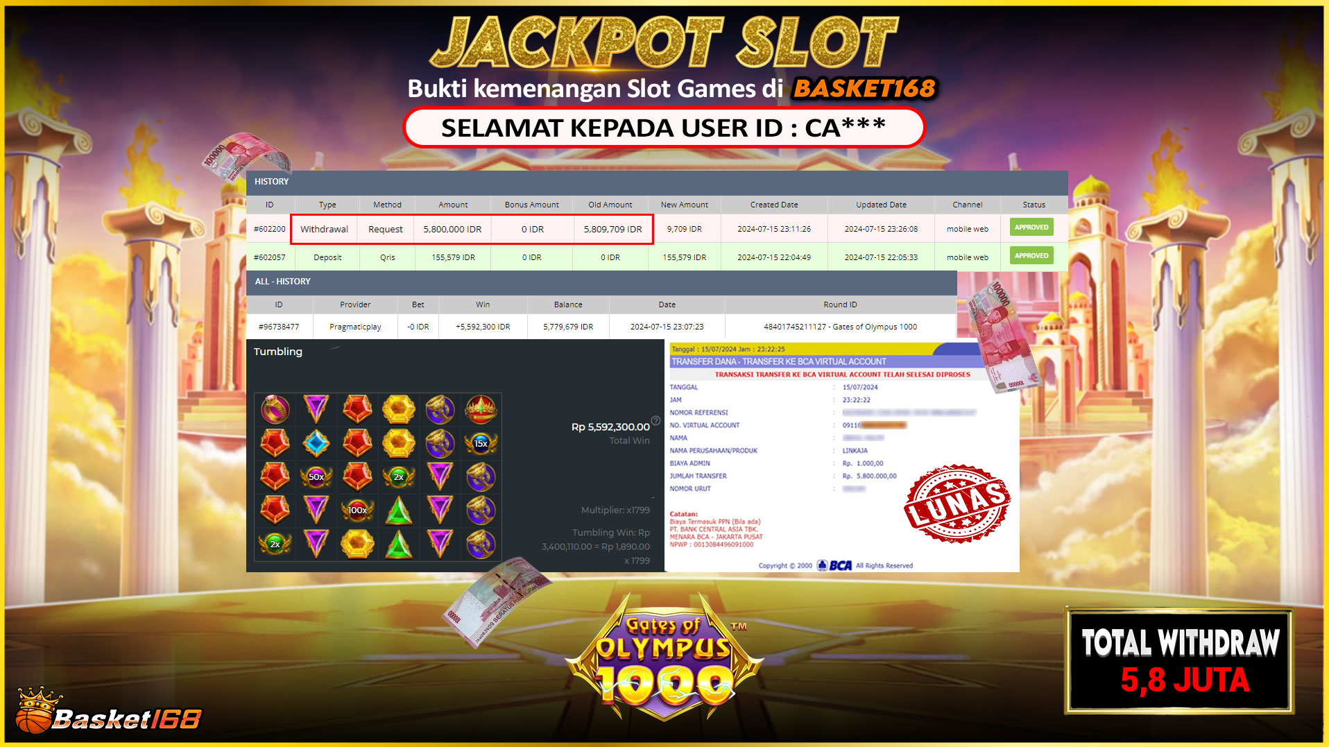 BASKET168 JACKPOT SLOT GATES OF OLYMPUS 1000 Rp.5.800.000.,- LUNAS