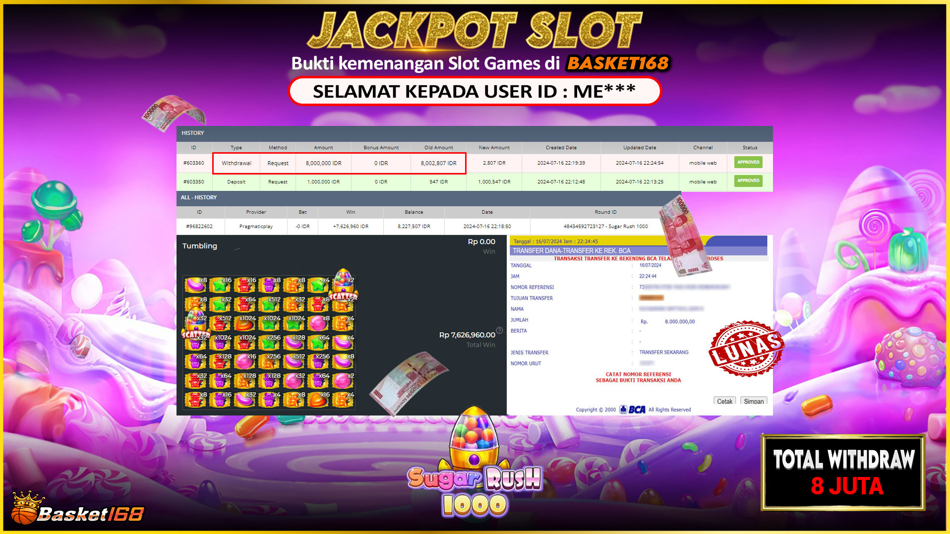 BASKET168 JACKPOT SLOT SUGAR RUSH 1000 Rp.8.000.000.,- LUNAS