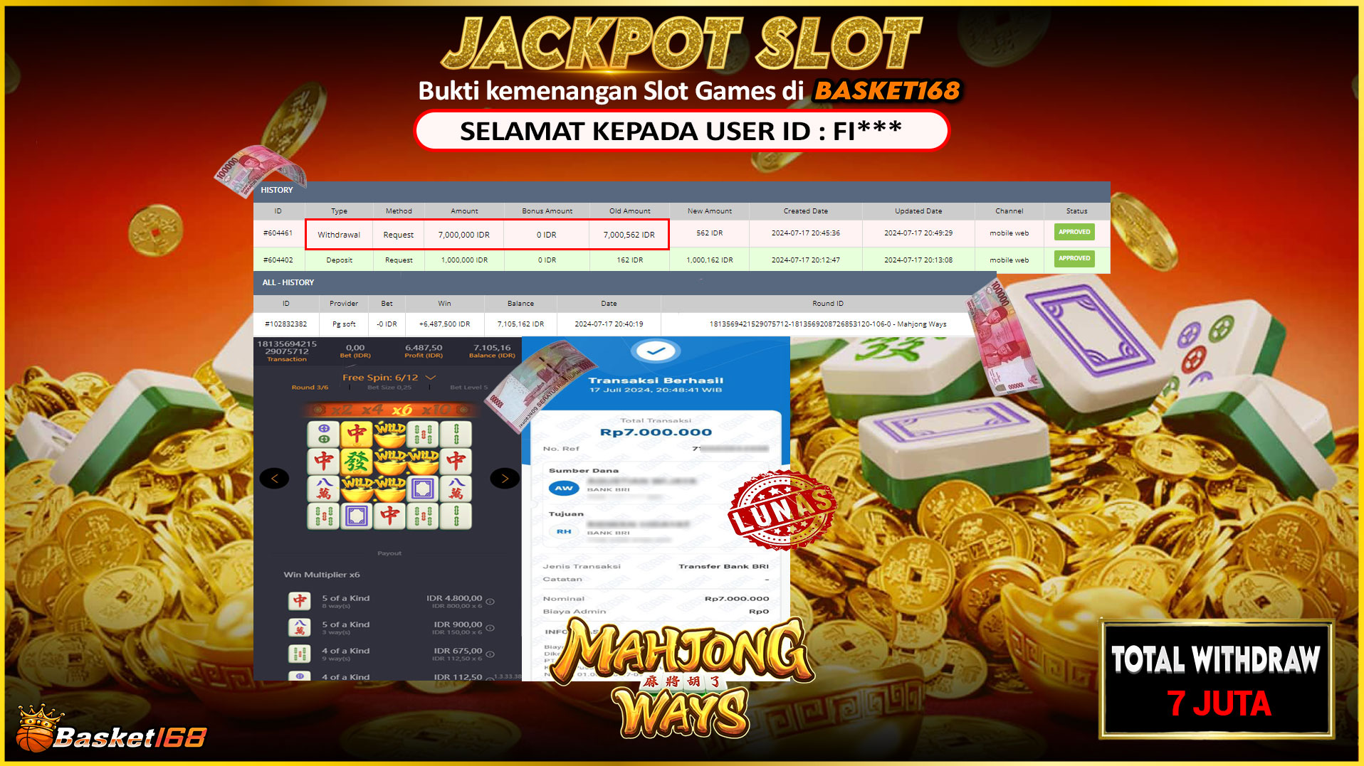 BASKET168 JACKPOT SLOT MAHJONG WAYS Rp.7.000.000.,- LUNAS
