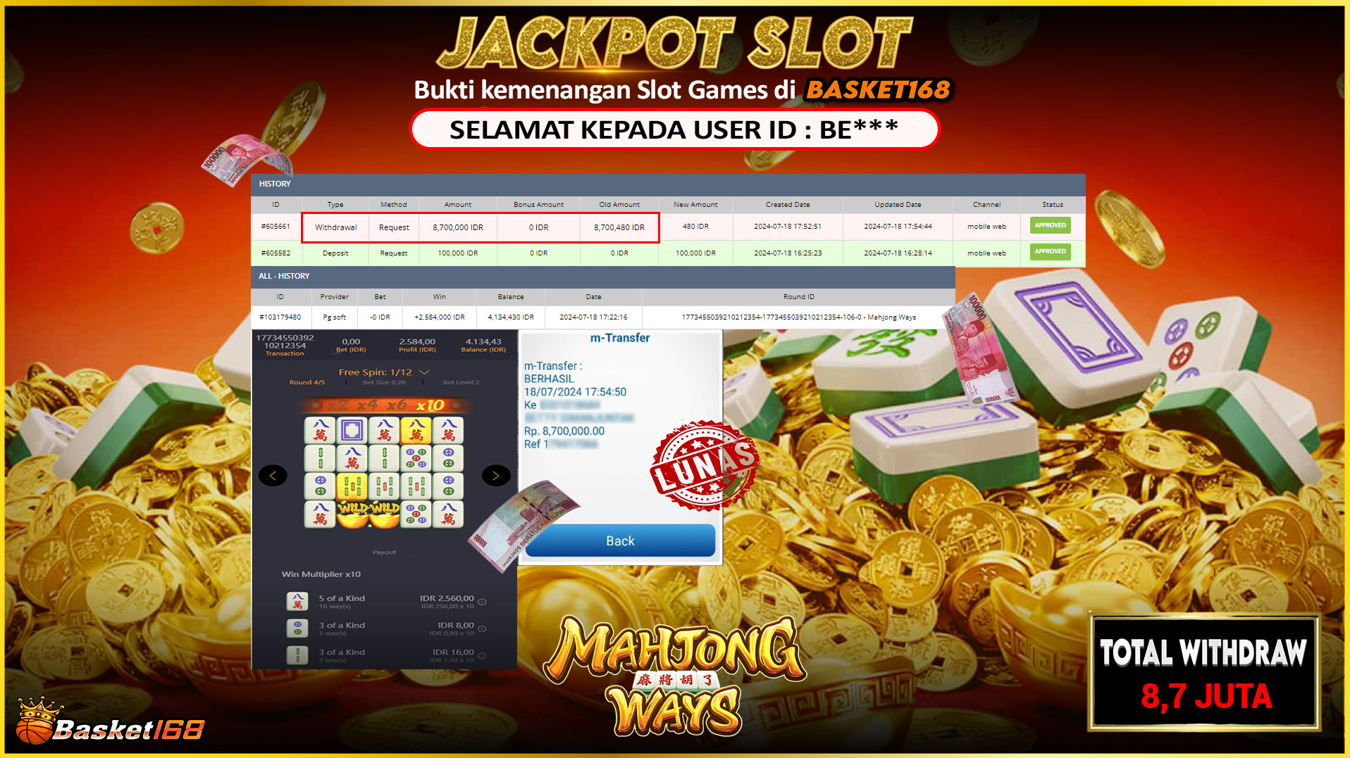 BASKET168 JACKPOT SLOT MAHJONG WAYS Rp.8.700.000.,- LUNAS