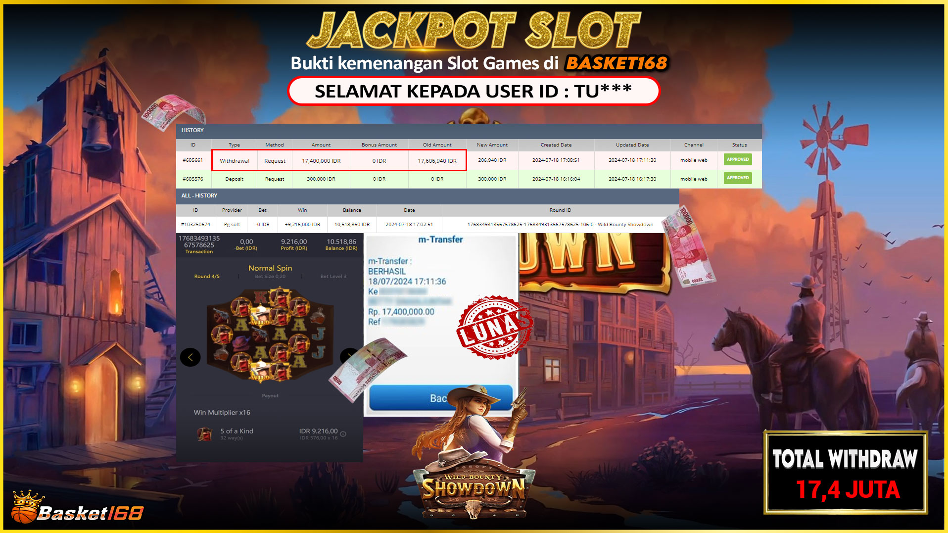 BASKET168 JACKPOT SLOT WILD BOUNTY SHOWDOWN Rp.17.400.000.,- LUNAS
