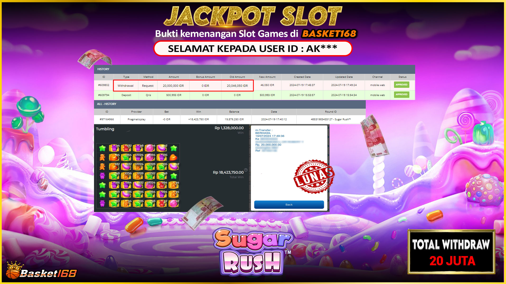 BASKET168 JACKPOT SLOT SUGAR RUSH Rp.20.000.000.,- LUNAS