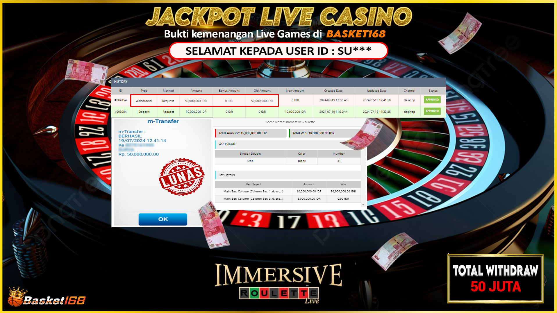 BASKET168 JACKPOT LIVE GAMES ROULETTE Rp.50.000.000.,- LUNAS