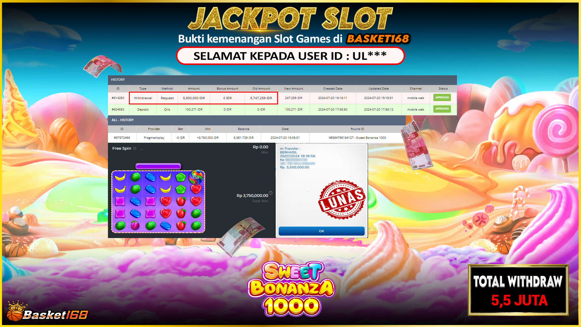 BASKET168 JACKPOT SLOT SWEET BONANZA 1000 Rp.5.500.000.,- LUNAS