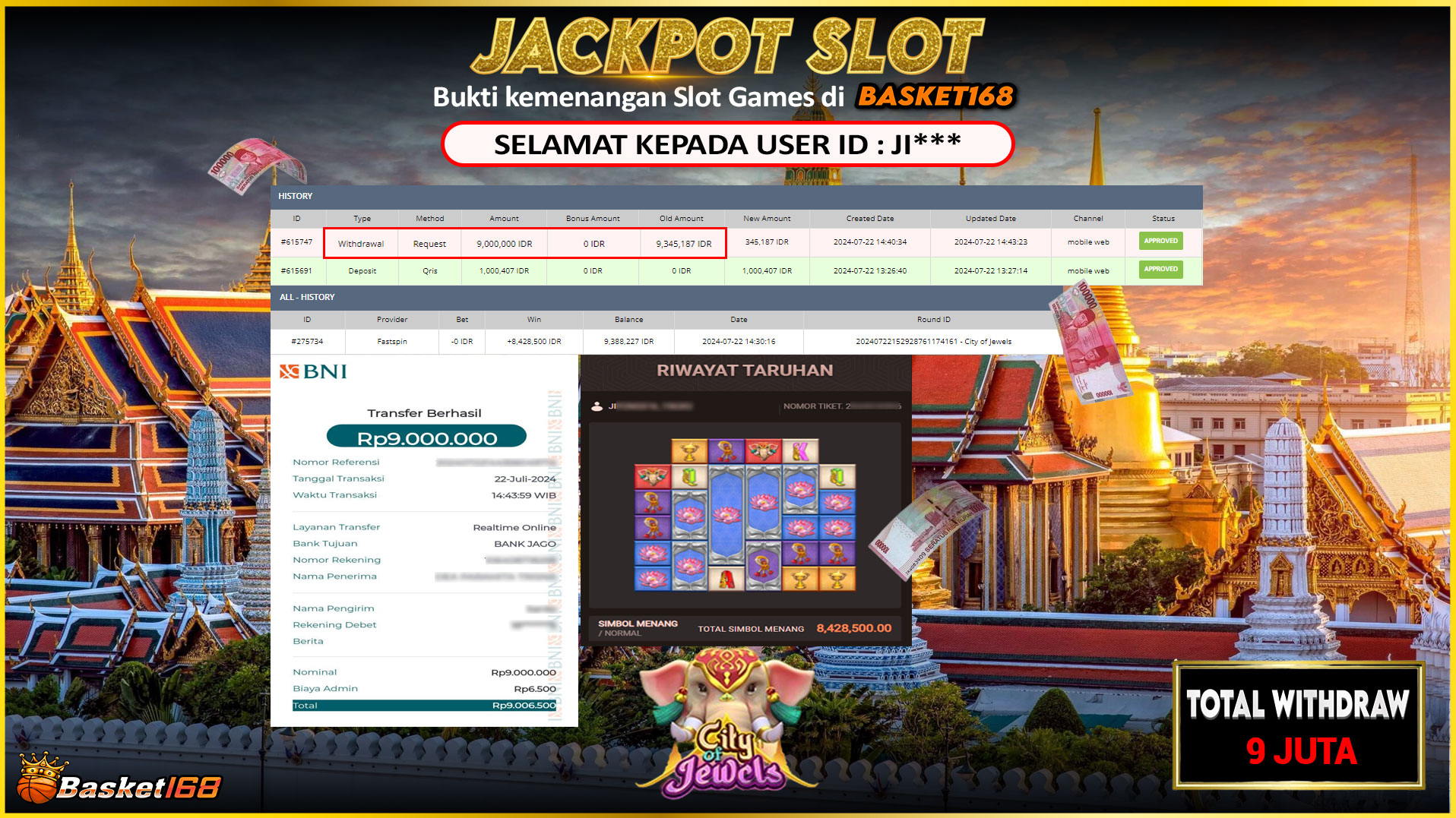 BASKET168 JACKPOT SLOT CITY OF JEWELS Rp.9.000.000.,- LUNAS