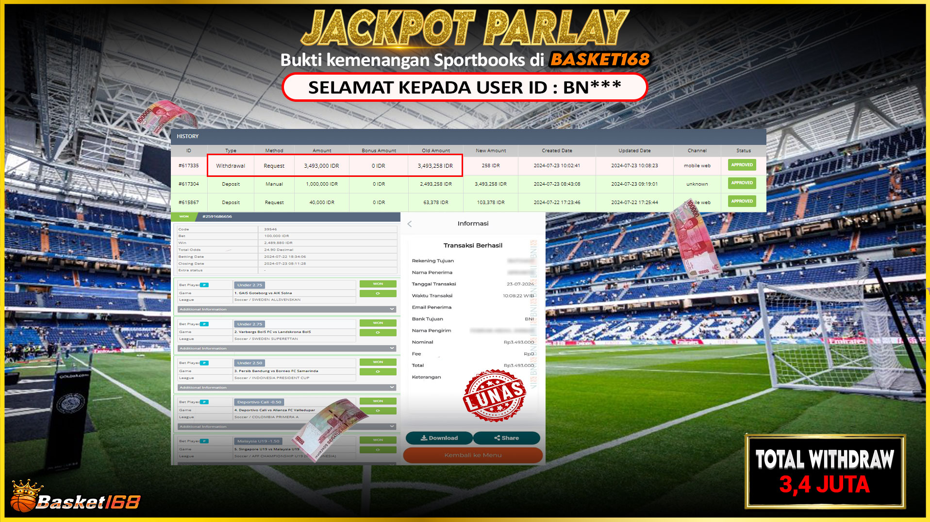 BASKET168 JACKPOT PARLAY BOLA Rp.3.400.000.,- LUNAS