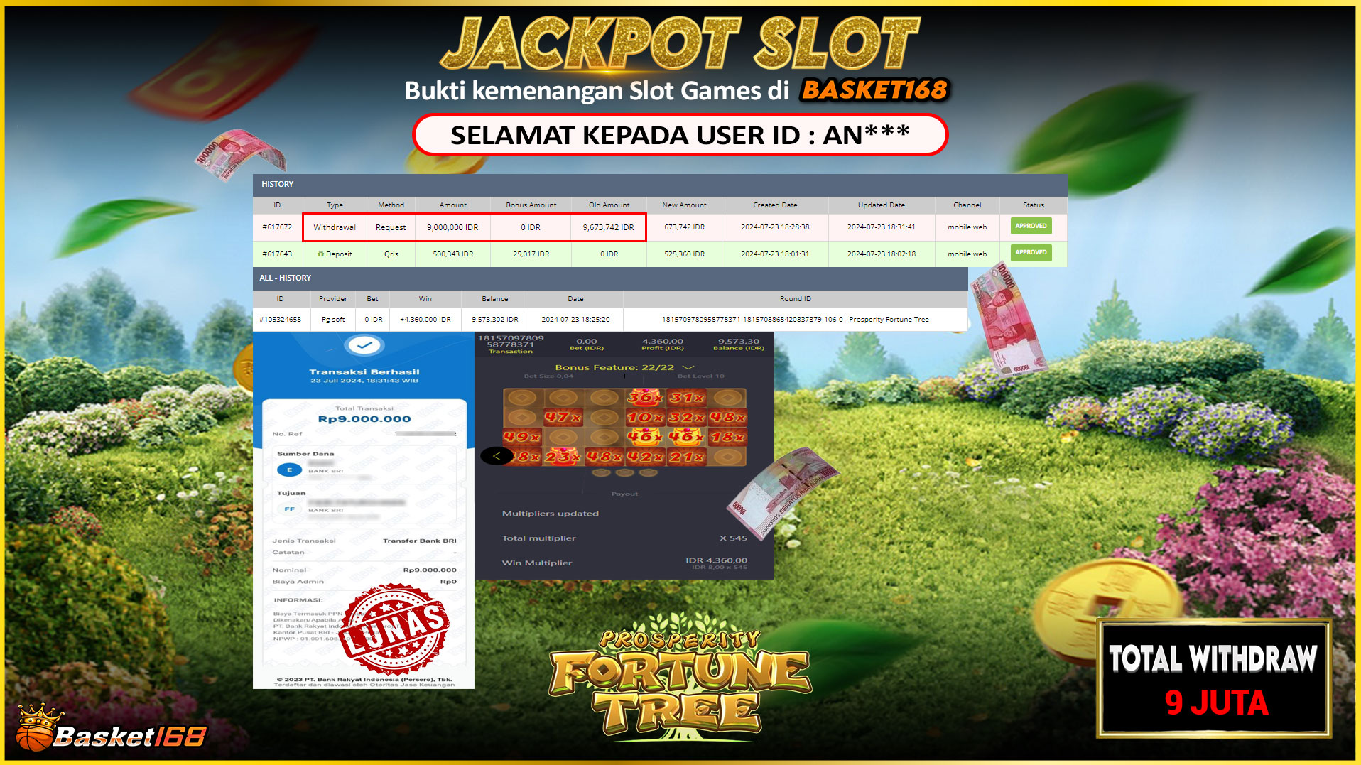 BASKET168 JACKPOT SLOT PROSPERITY FORTUNE TREE Rp.9.000.000.,- LUNAS