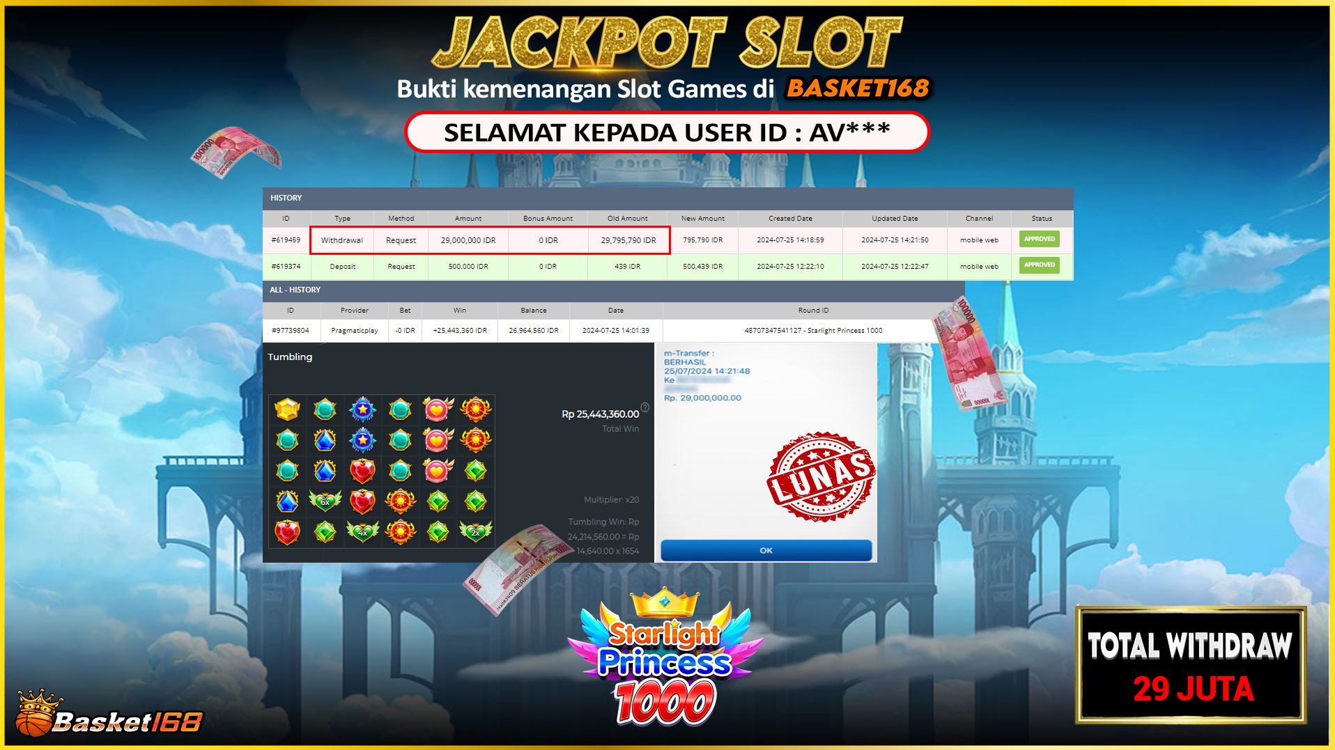 BASKET168 JACKPOT SLOT STARLIGHT PRINCESS 1000 Rp.29.000.000.,- LUNAS