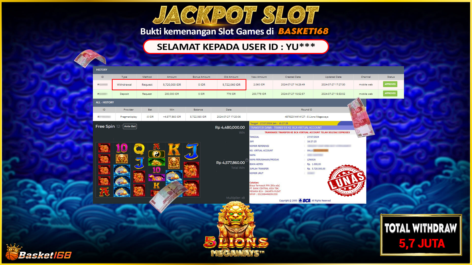 BASKET168 JACKPOT SLOT 5 LIONS MEGAWAYS Rp.5.700.000.,- LUNAS
