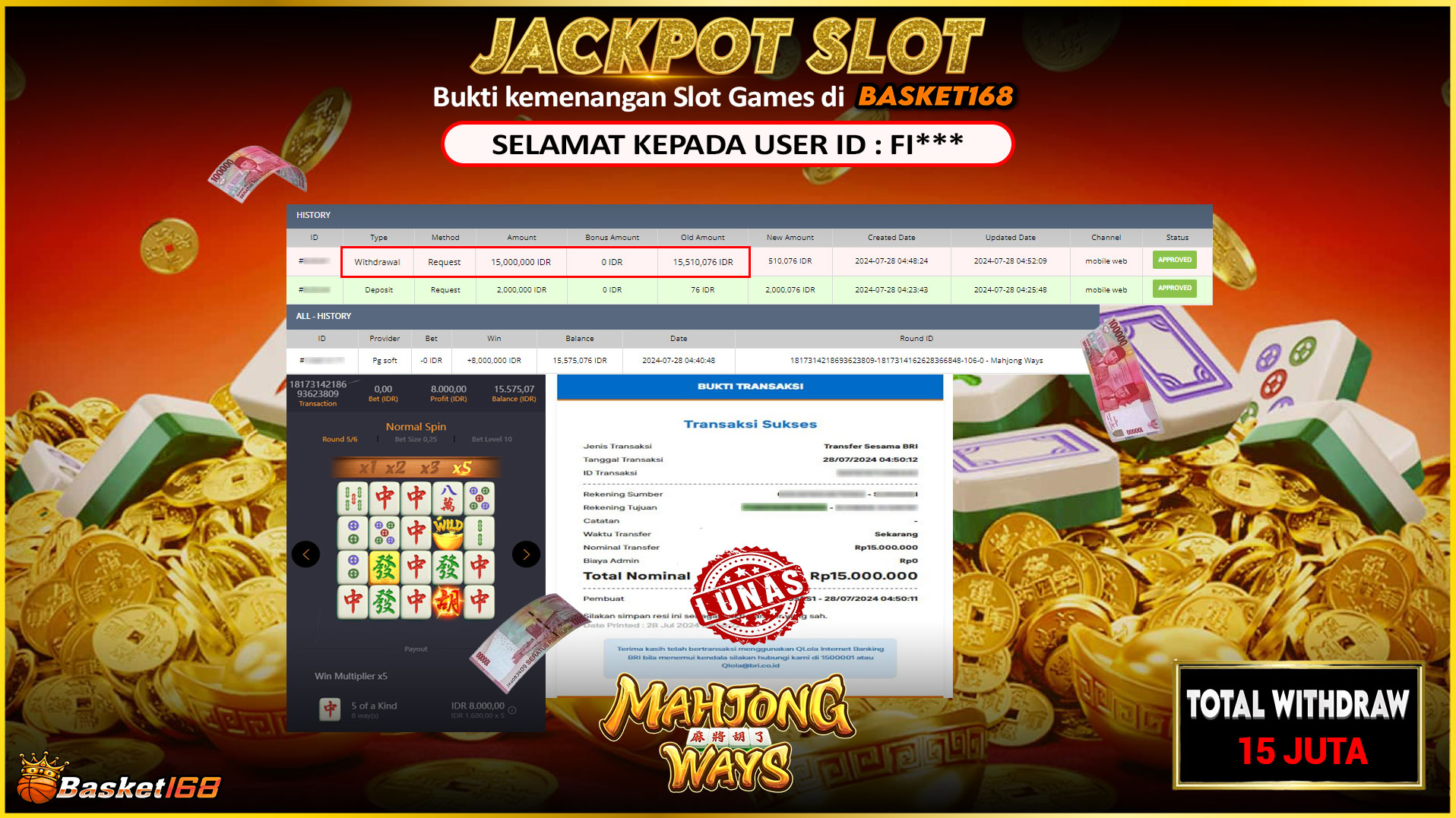 BASKET168 JACKPOT SLOT MAHJONG WAYS Rp.15.000.000.,- LUNAS