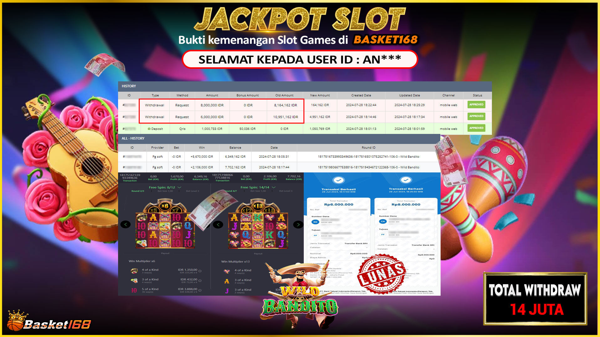 BASKET168 JACKPOT SLOT WILD BANDITO Rp.14.000.000.,- LUNAS