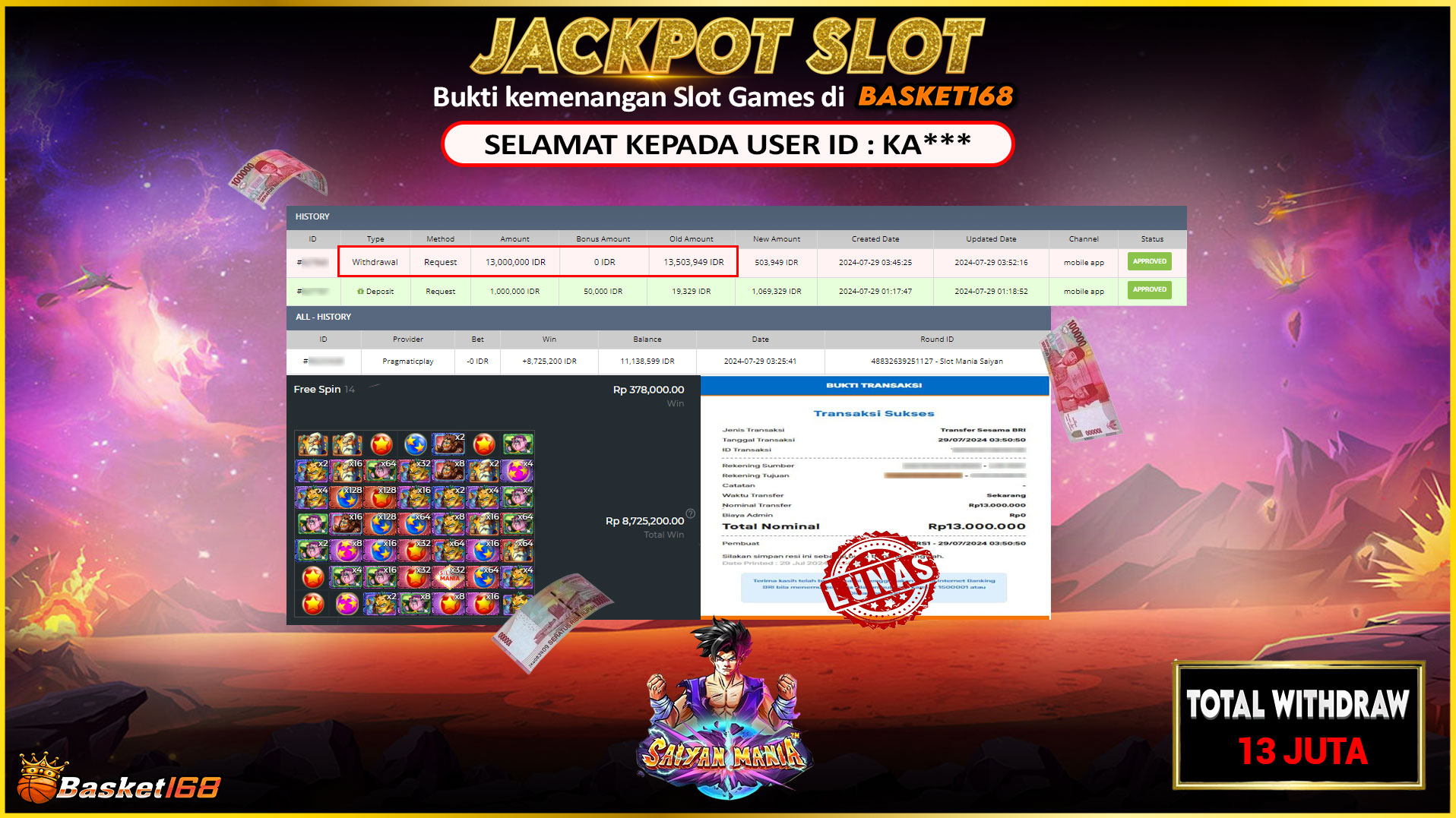 BASKET168 JACKPOT SLOT MANIA SAIYAN Rp.13.000.000.,- LUNAS