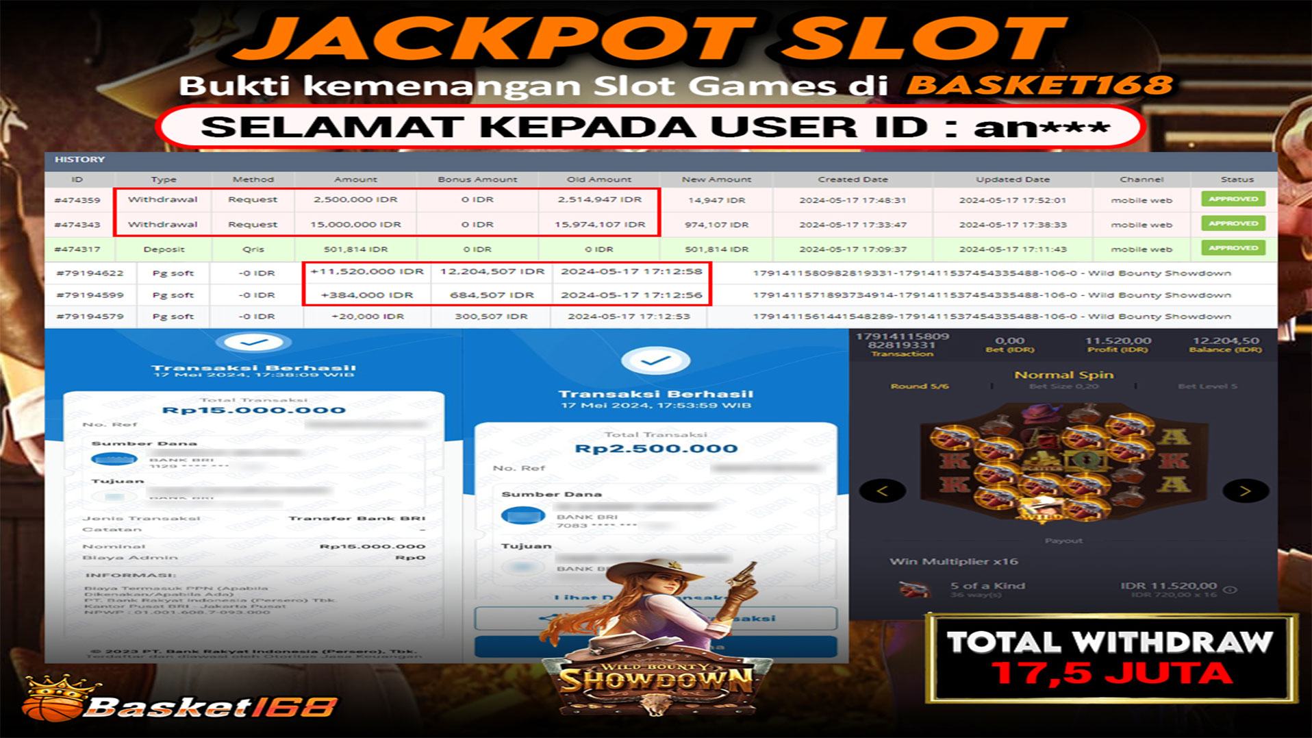 BASKET168 JACKPOT SLOT WILD BOUNTY SHOWDOWN Rp.17.500.000.,- LUNAS