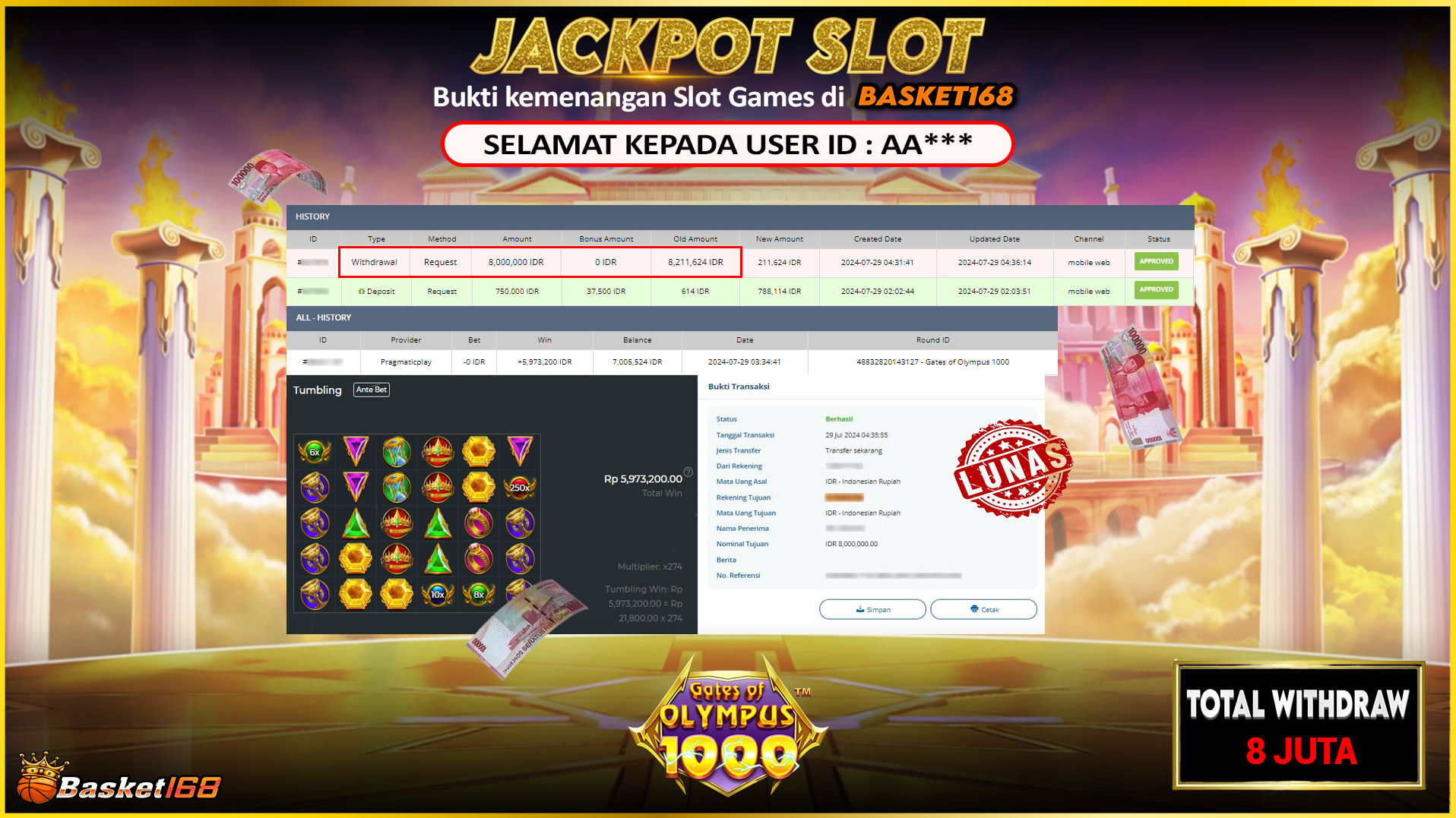 BASKET168 JACKPOT SLOT GATES OF OLYMPUS 1000 Rp.8.000.000.,- LUNAS