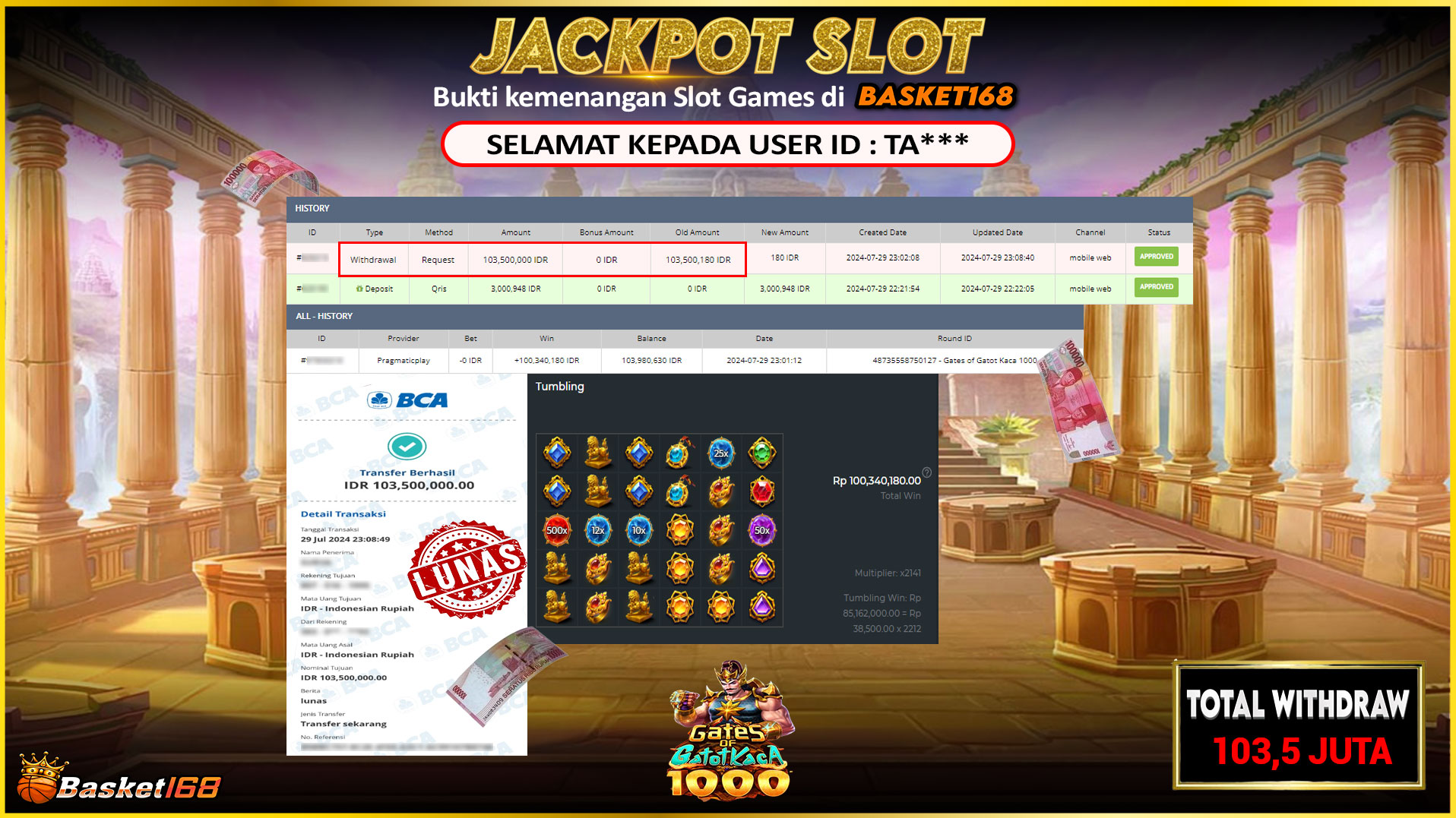 BASKET168 JACKPOT SLOT GATES OF GATOT KACA 1000 Rp.103.500.000.,- LUNAS