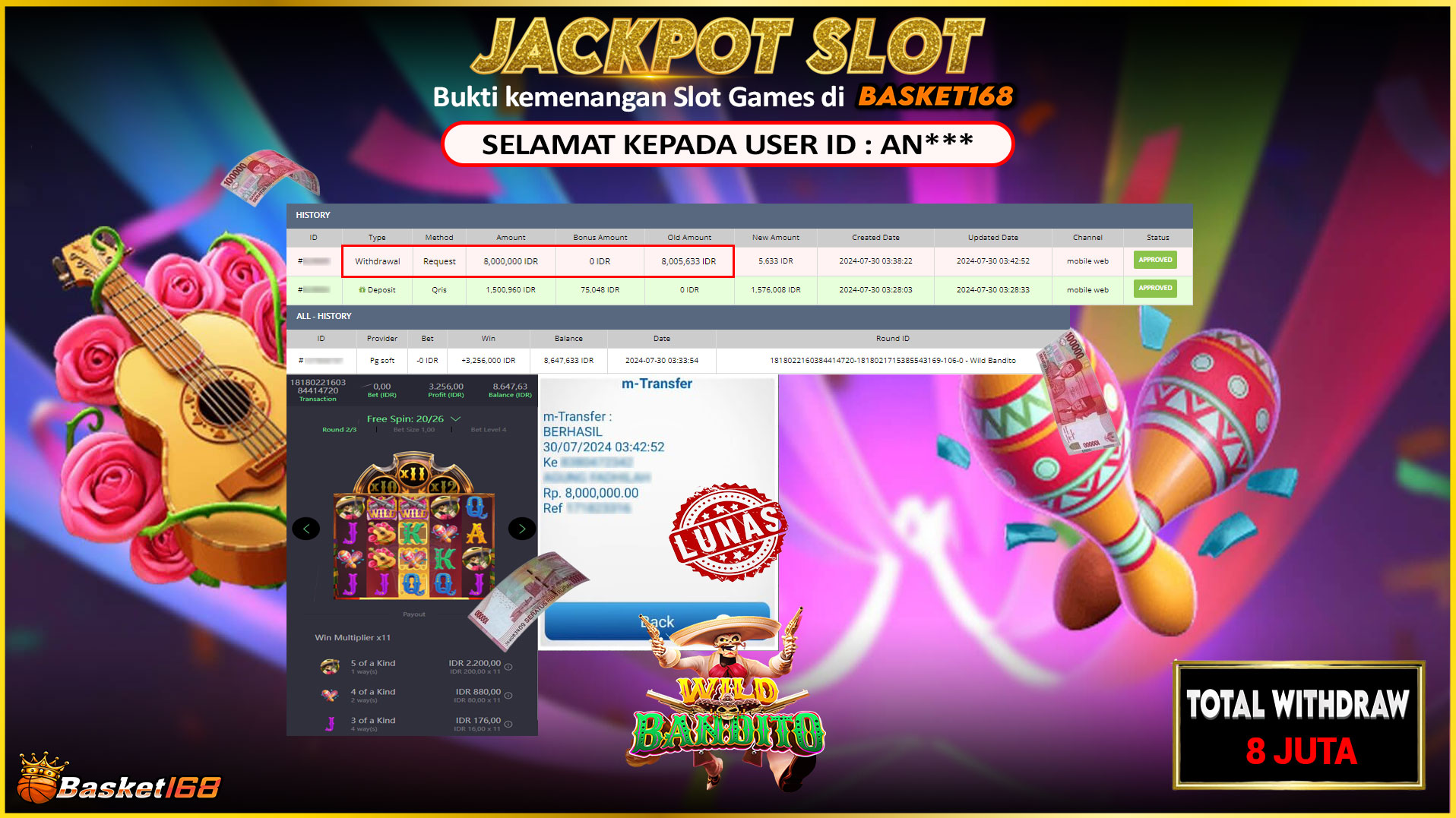BASKET168 JACKPOT SLOT WILD BANDITO Rp.8.000.000.,- LUNAS