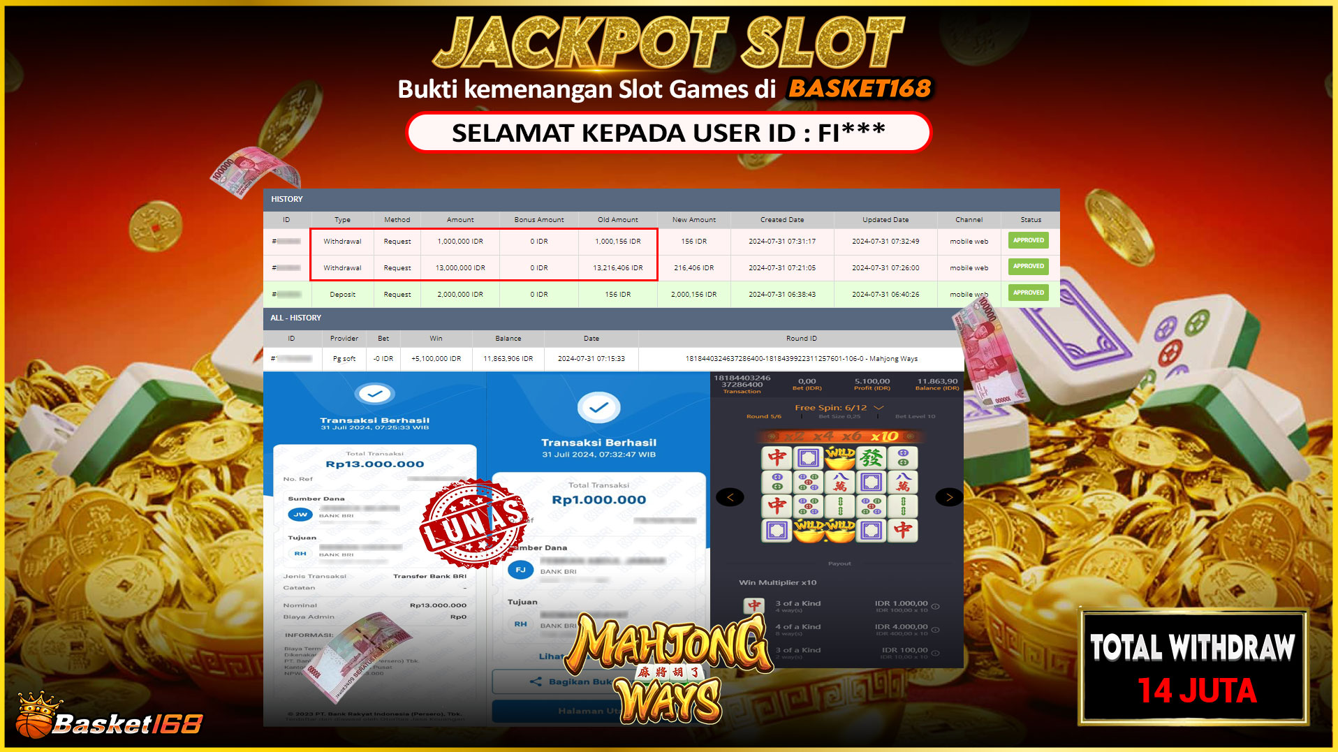 BASKET168 JACKPOT SLOT MAHJONG WAYS Rp.14.000.000.,- LUNAS