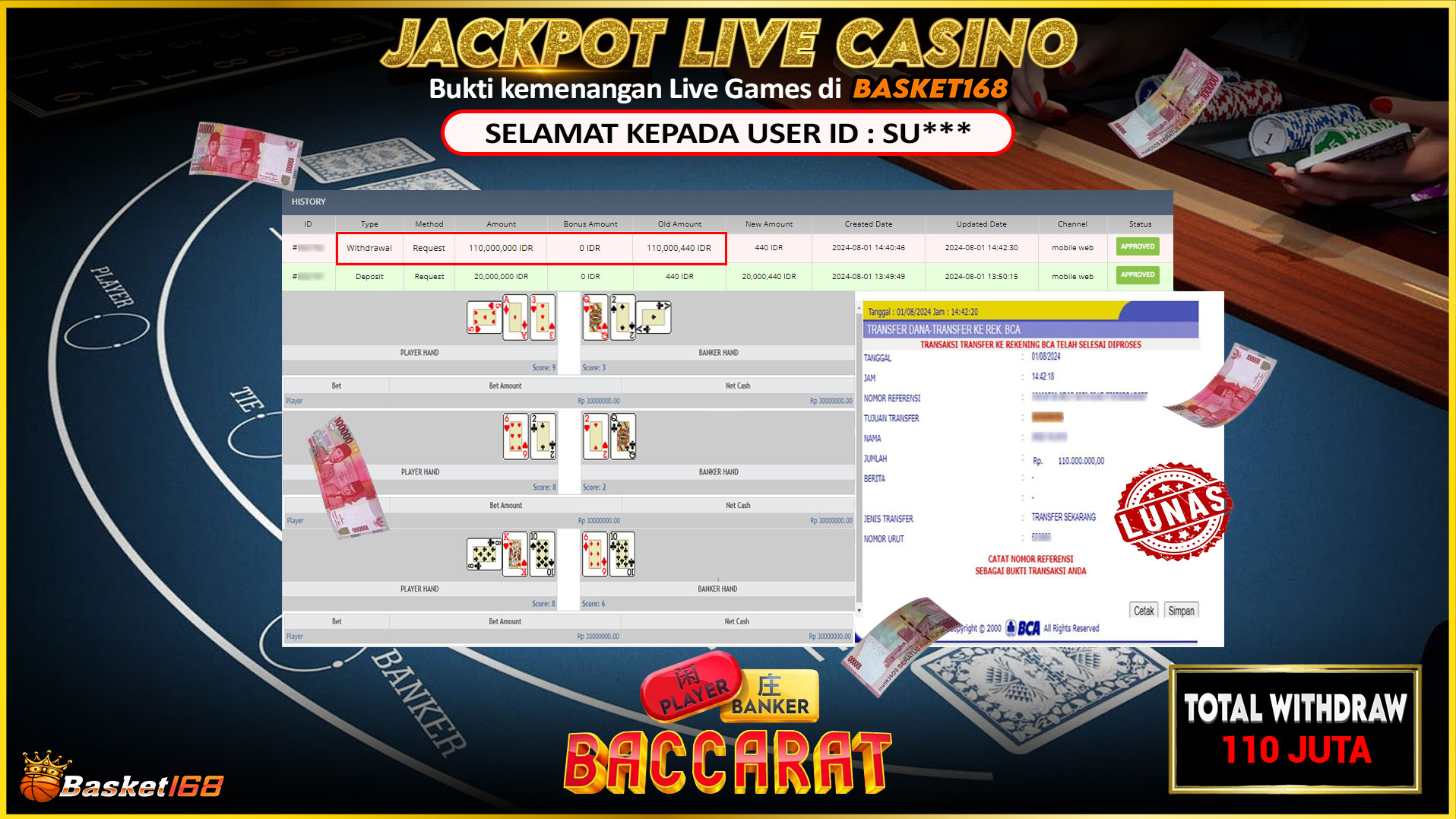 BASKET168 JACKPOT LIVE GAMES BACCARAT Rp.110.000.000.,- LUNAS