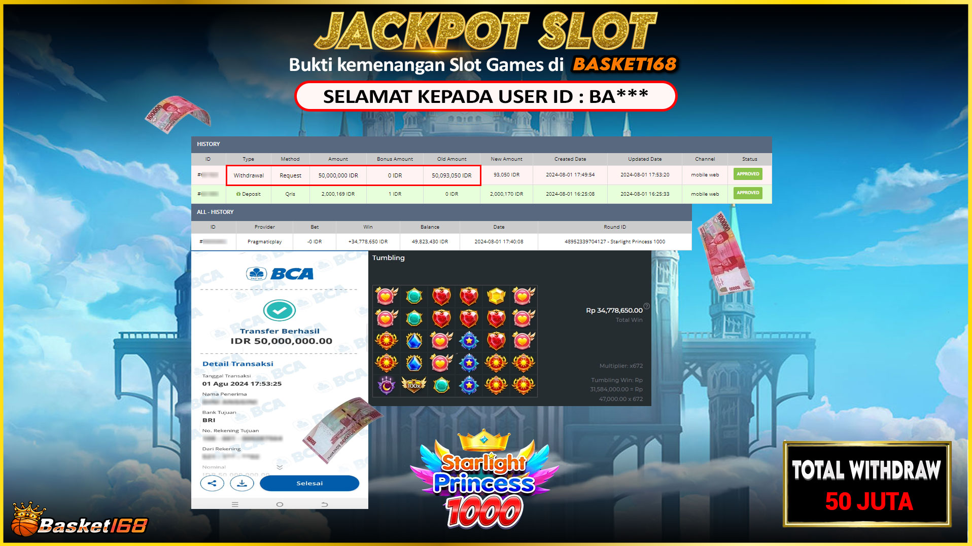 BASKET168 JACKPOT SLOT STARLIGHT PRINCESS 1000 Rp.50.000.000.,- LUNAS